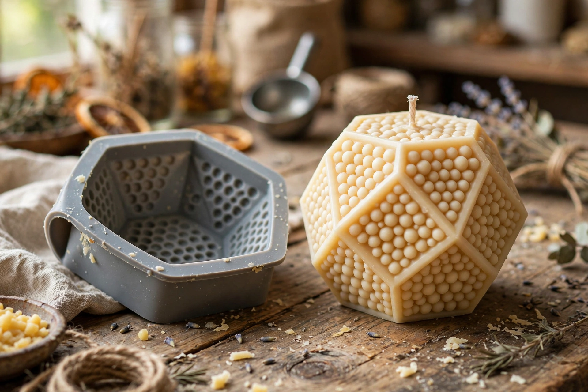 Close-up of a finished geometric molded candle beside its silicone mold