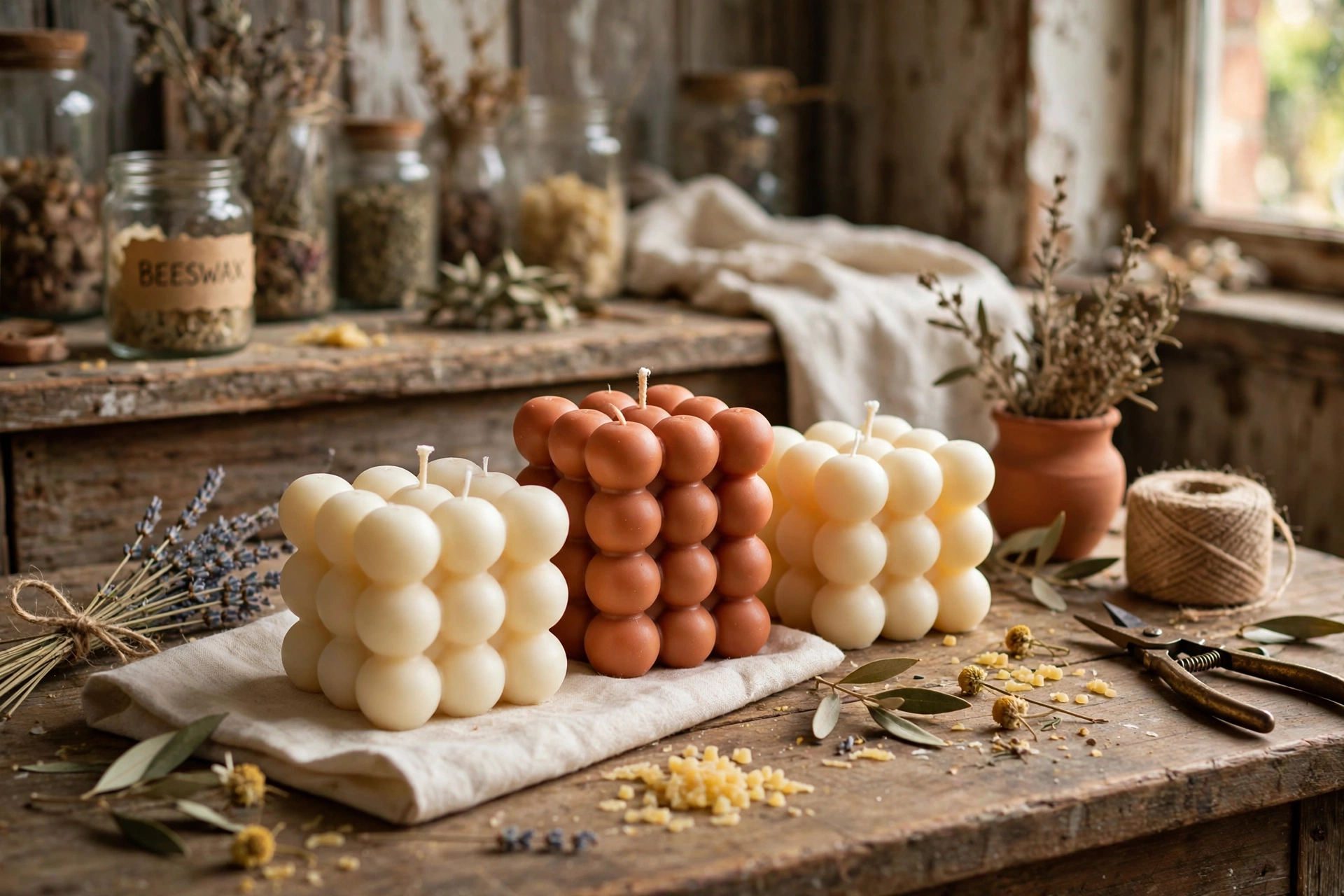Styled bubble candles in cream and terracotta on a rustic wooden table