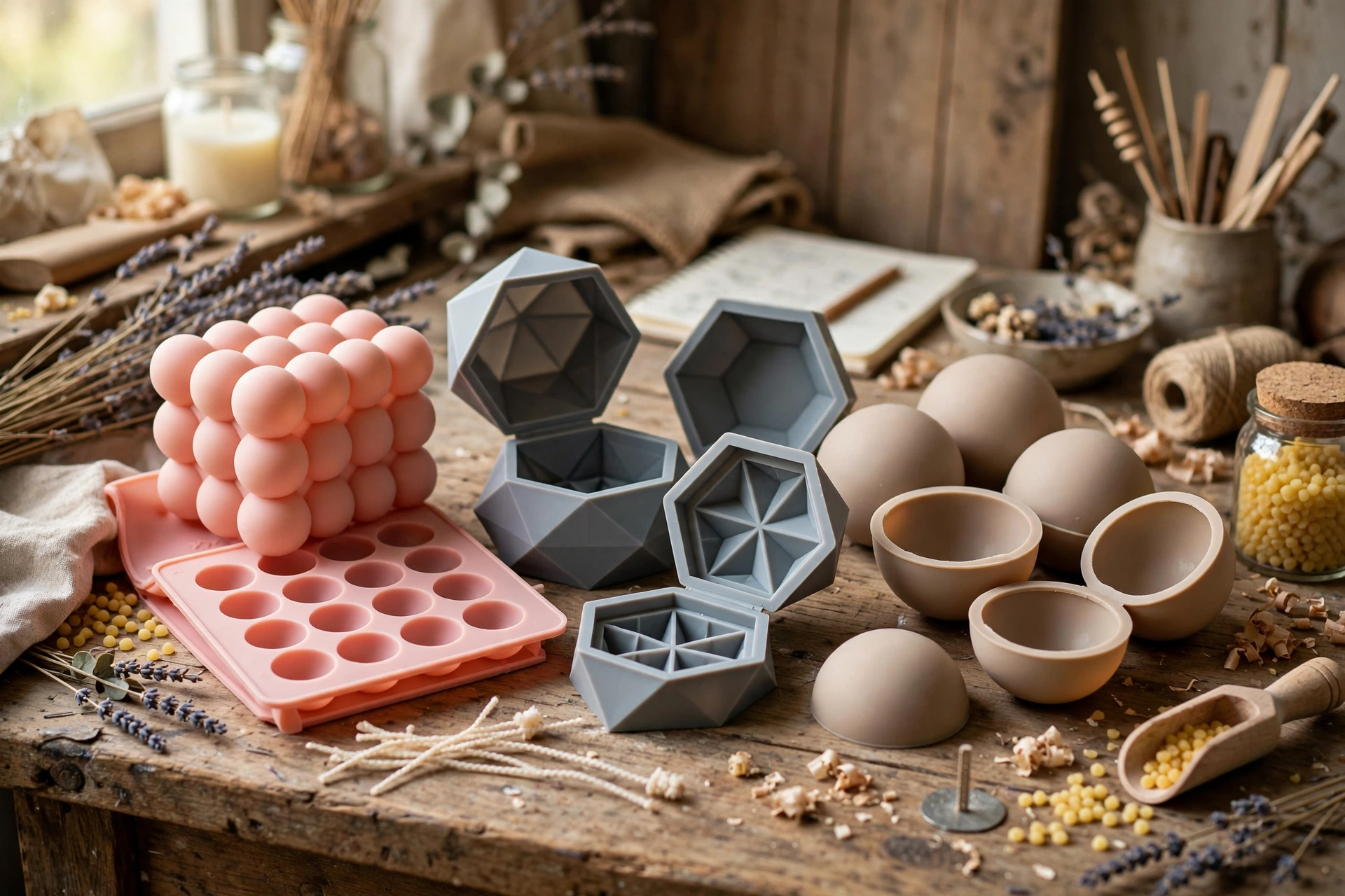 Assorted silicone candle molds: bubble cube, geometric shapes, and spheres