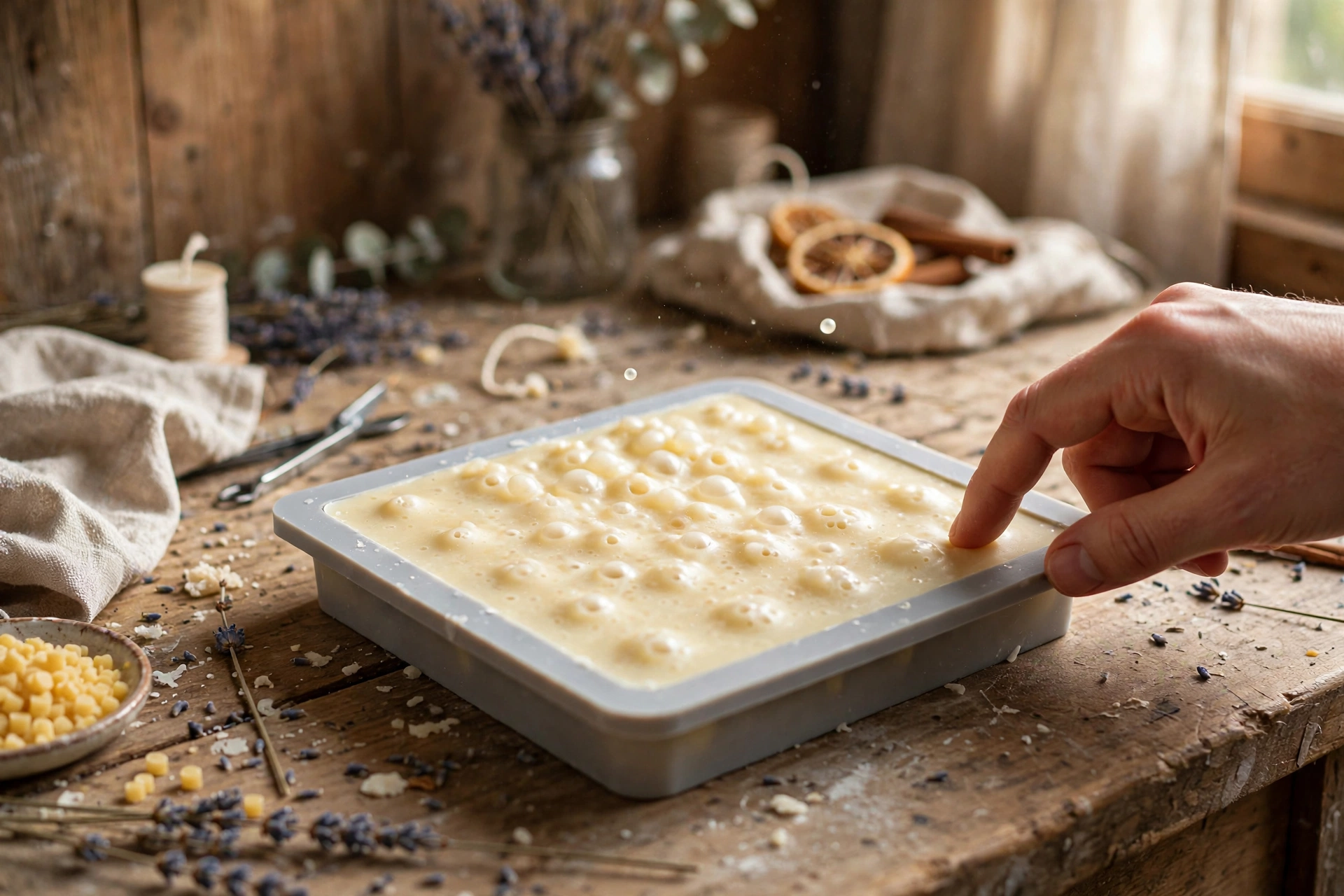 Tapping a filled silicone mold gently to release trapped air bubbles