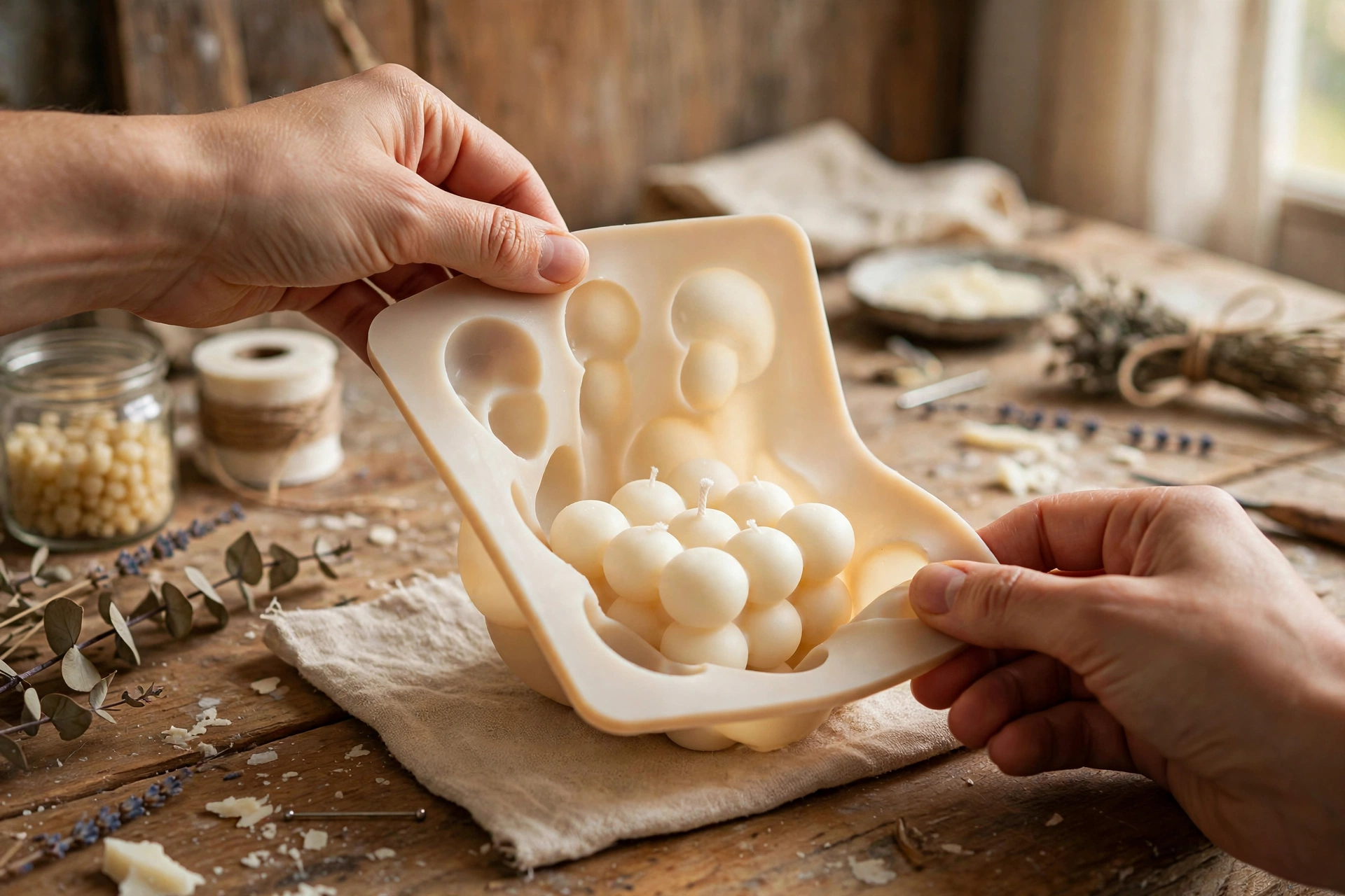 Hands flexing a silicone mold to release a finished bubble candle