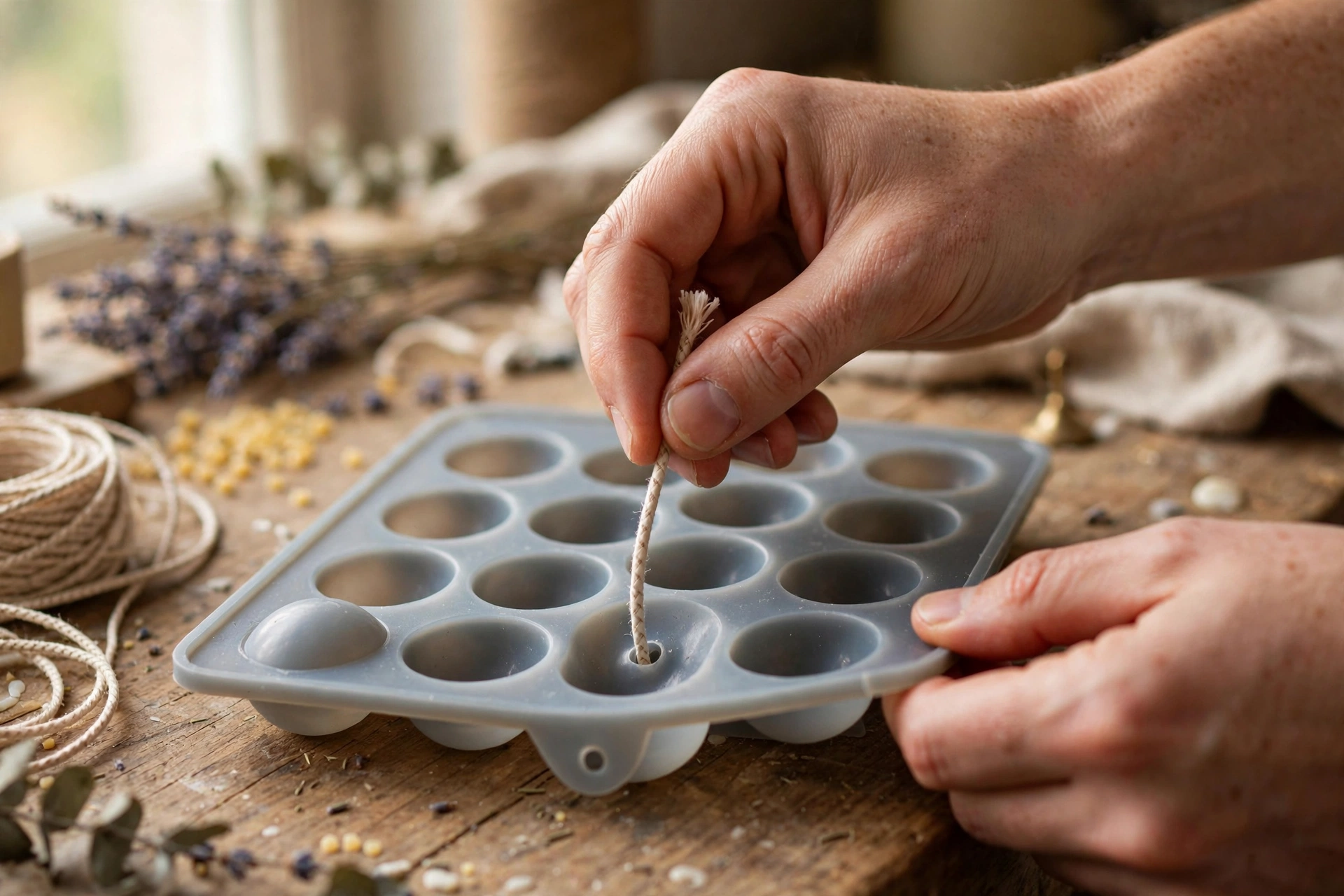 Threading a wick through the base of a silicone bubble candle mold