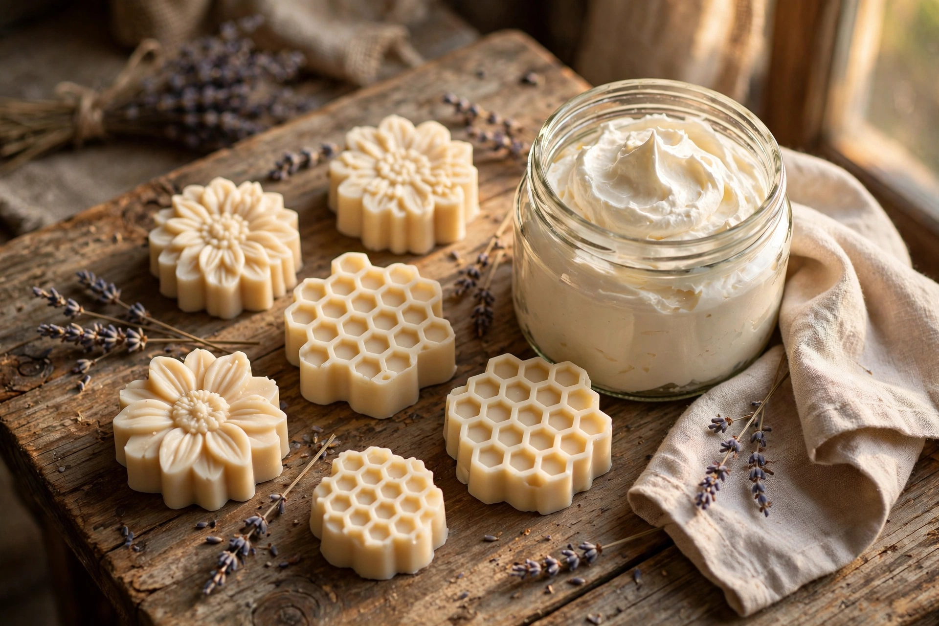 Handmade solid lotion bars and an open jar of fluffy whipped body butter styled on a rustic wooden table with dried lavender