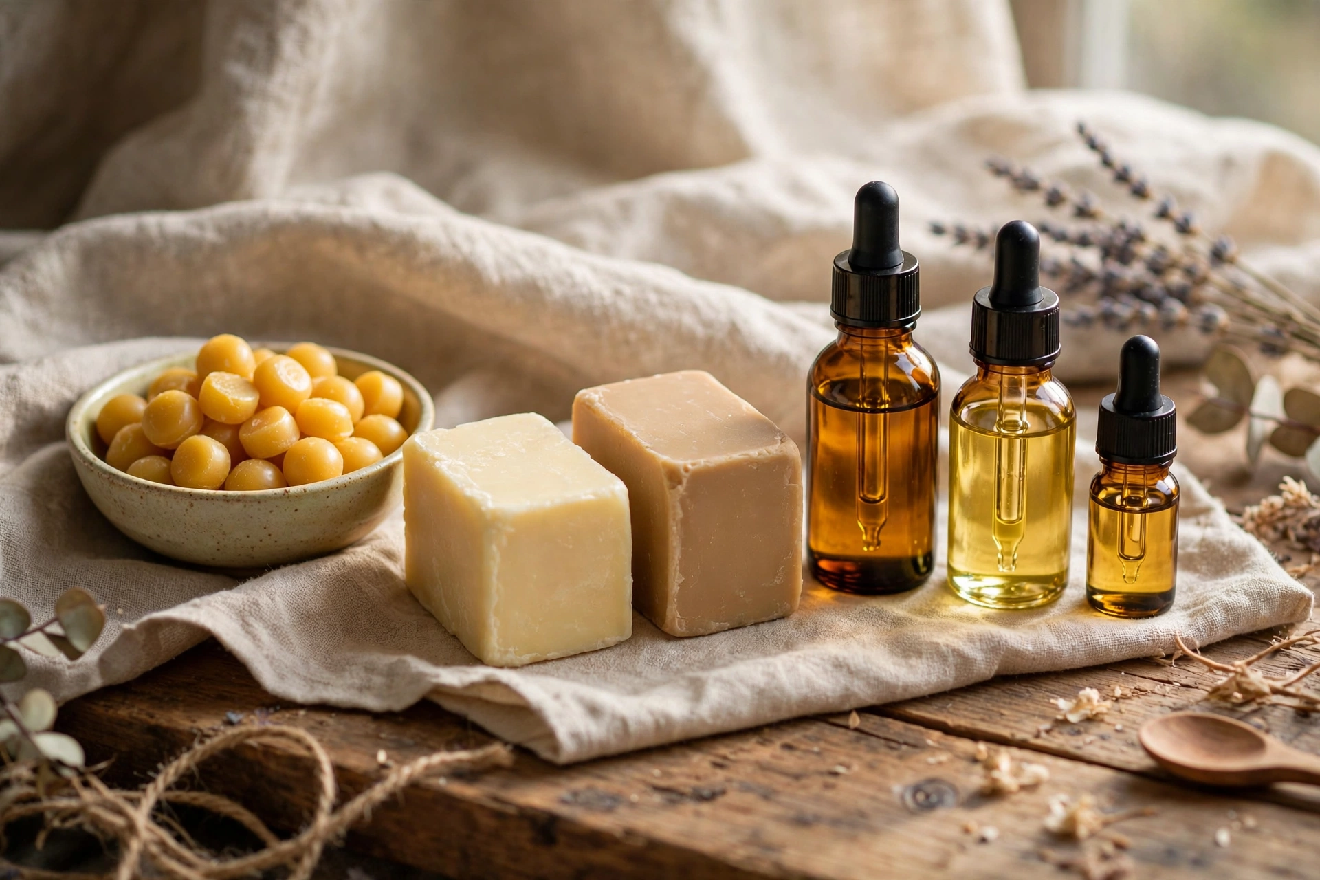 Beeswax pastilles, blocks of shea and cocoa butter, and amber bottles of jojoba and sweet almond oil arranged on a workbench