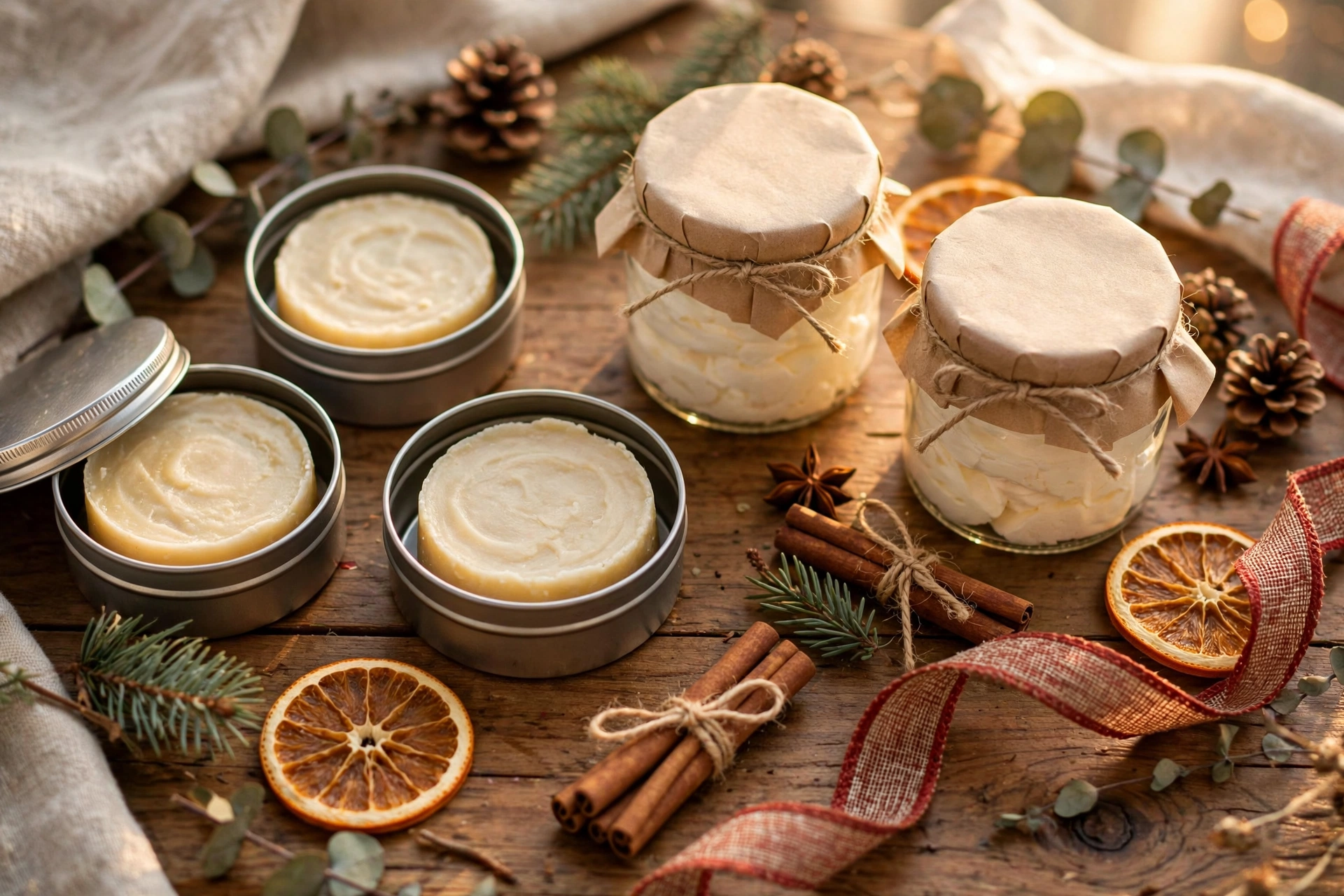 Lotion bar tins and labeled jars of whipped body butter arranged as holiday gifts with dried orange slices and cinnamon sticks