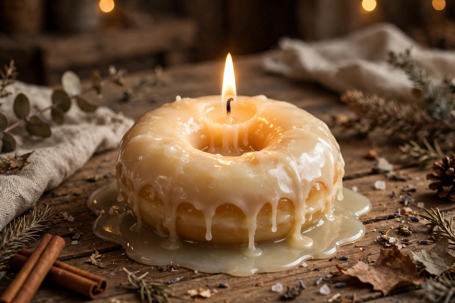 A lit glazed donut candle burning with a steady flame, melt pool spread across the ring band
