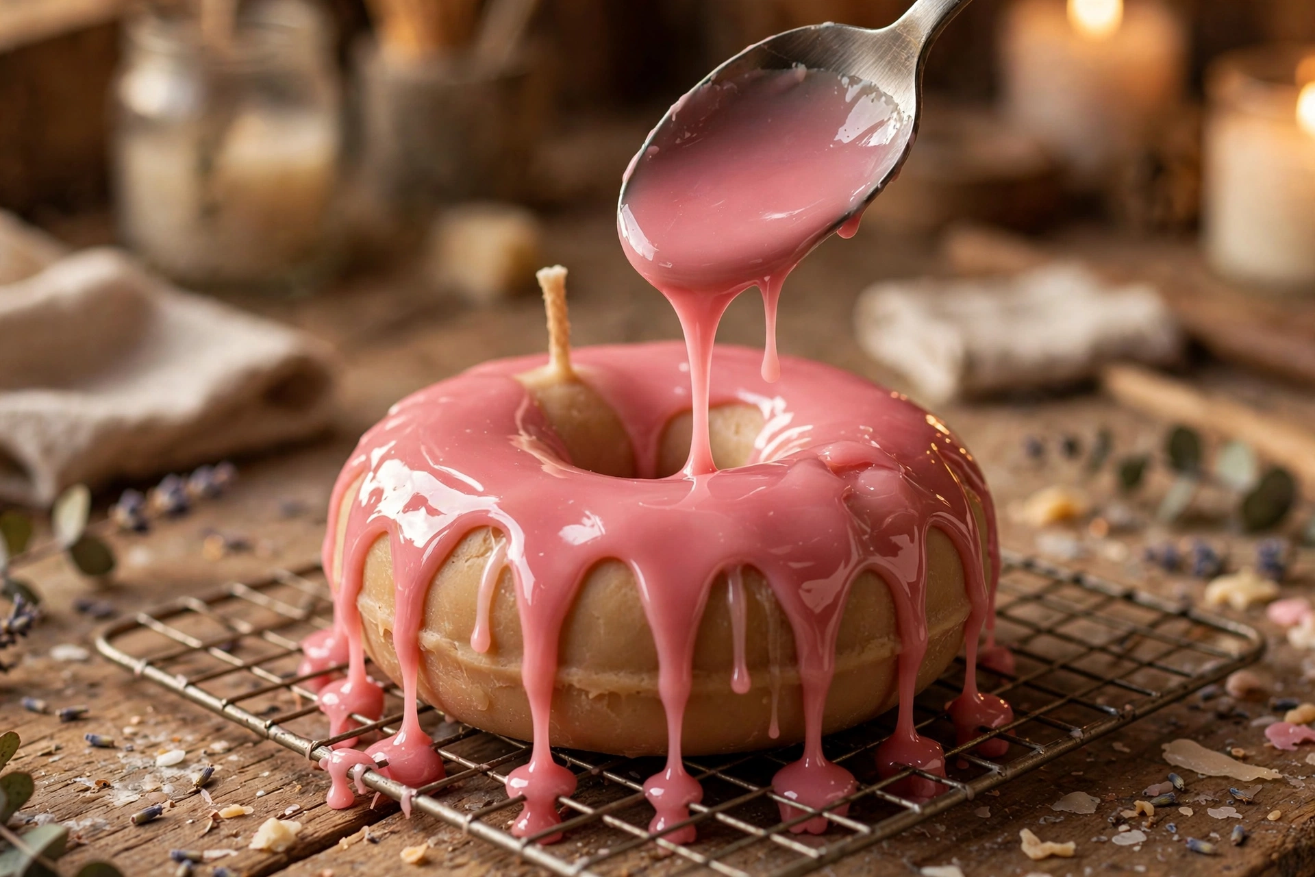 Spooning glossy pink wax glaze over a set donut-shaped candle so it drips down the sides