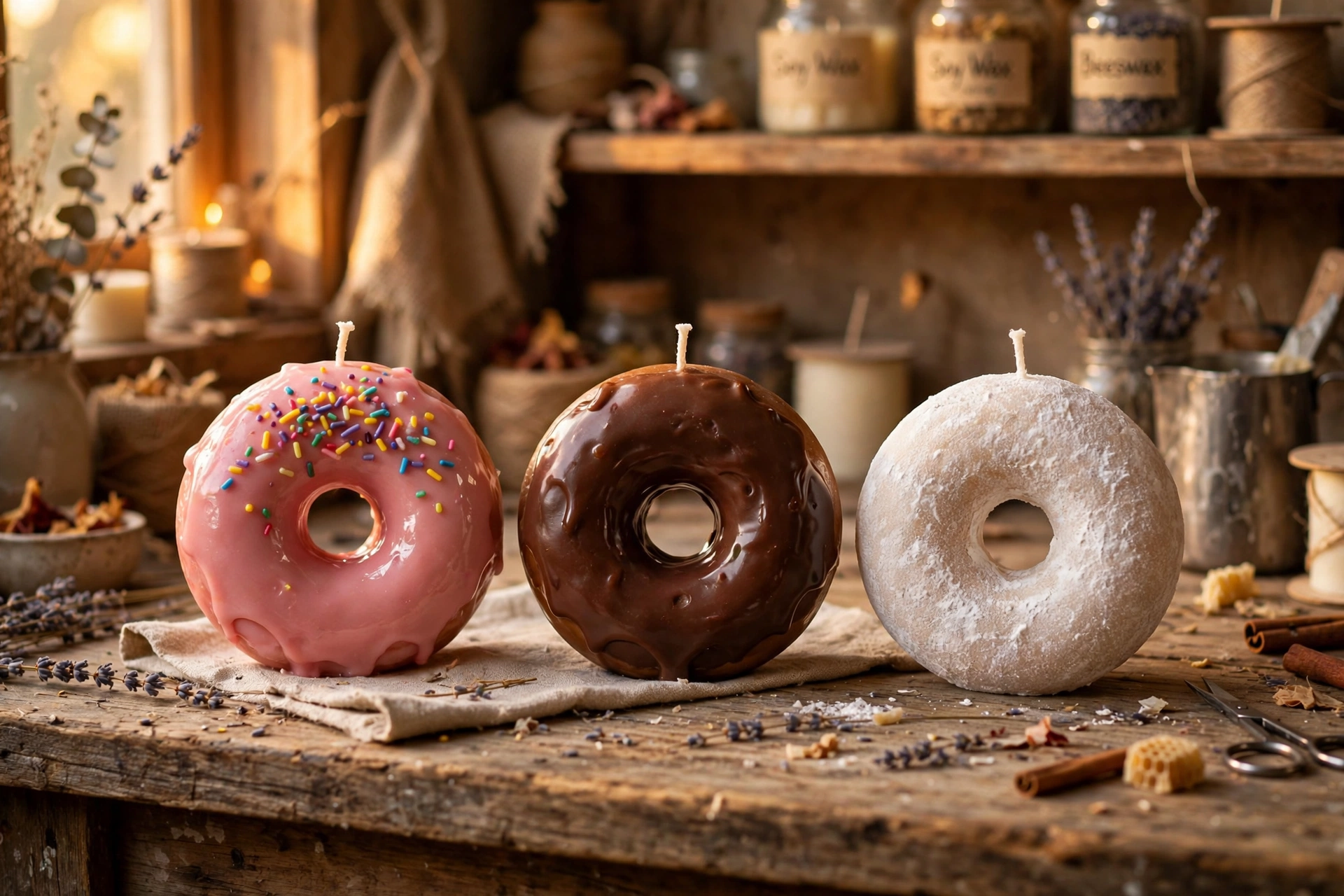 Three finished donut-shaped candles — pink glazed with wax sprinkles, chocolate glazed, and powdered with white mica — on a rustic workbench
