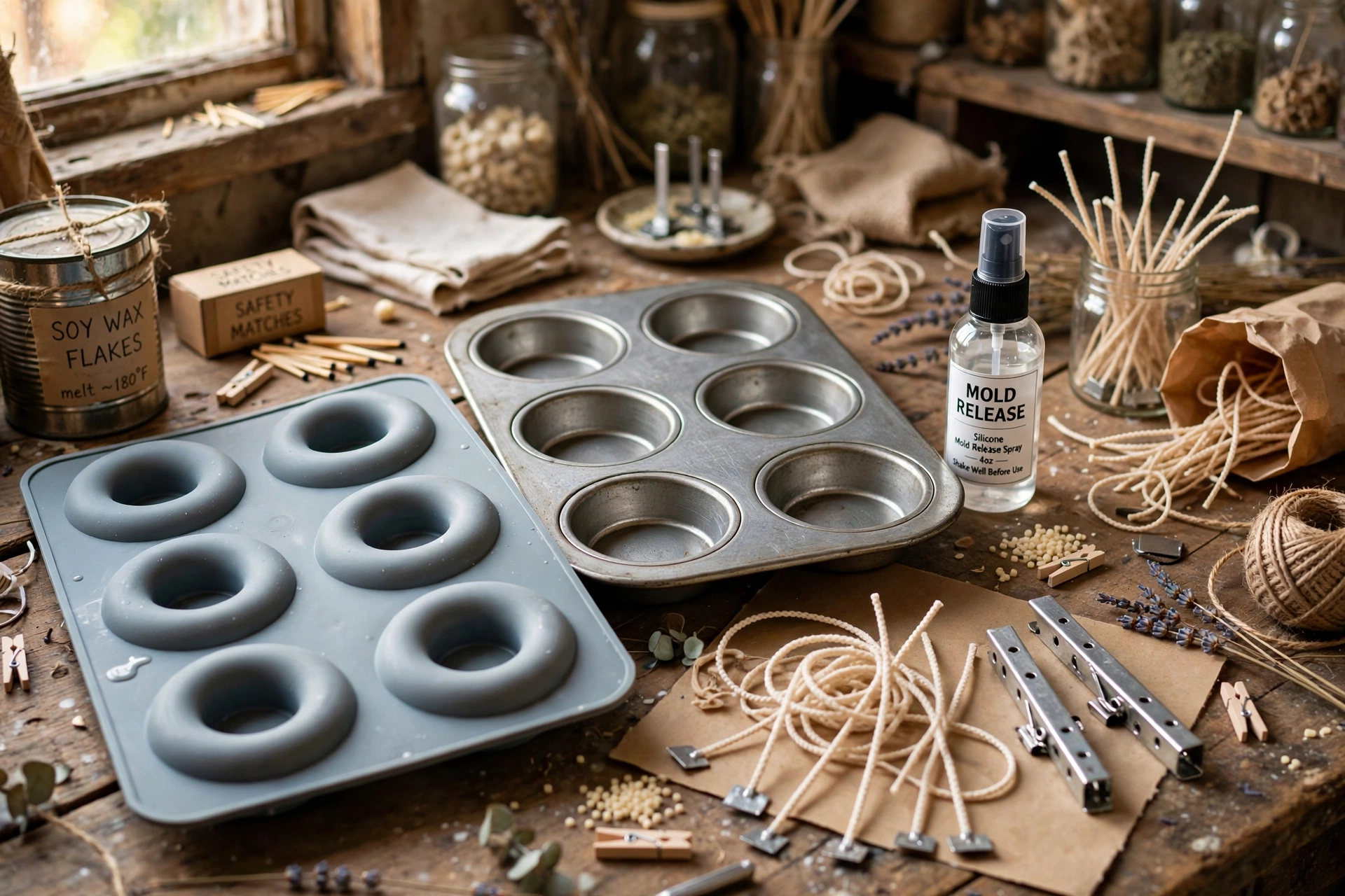 Silicone donut mold cavities beside a steel donut pan on a rustic workbench with wick bars and candle wicks