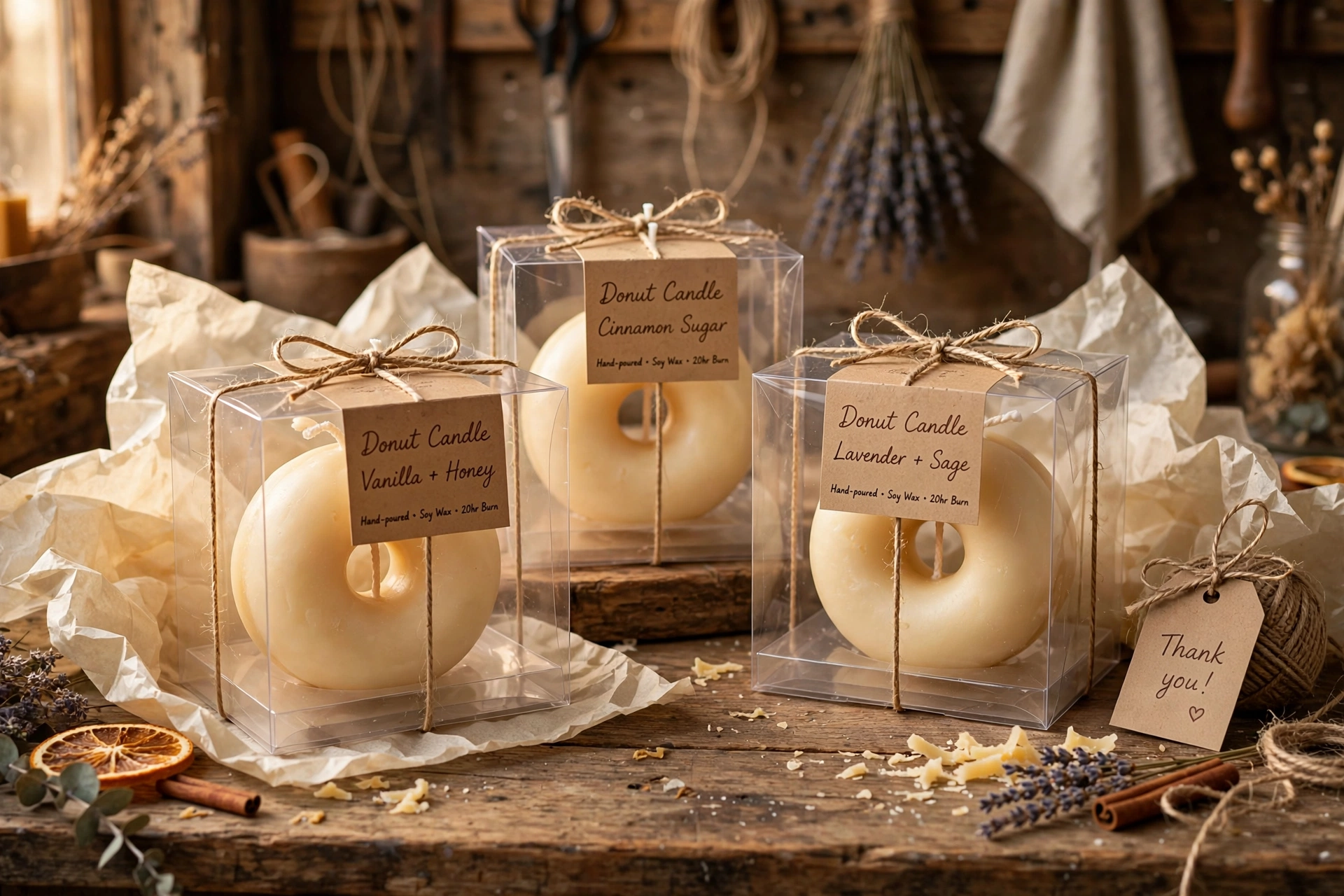 Finished donut candles nestled in tissue inside clear gift boxes with kraft labels tied with twine
