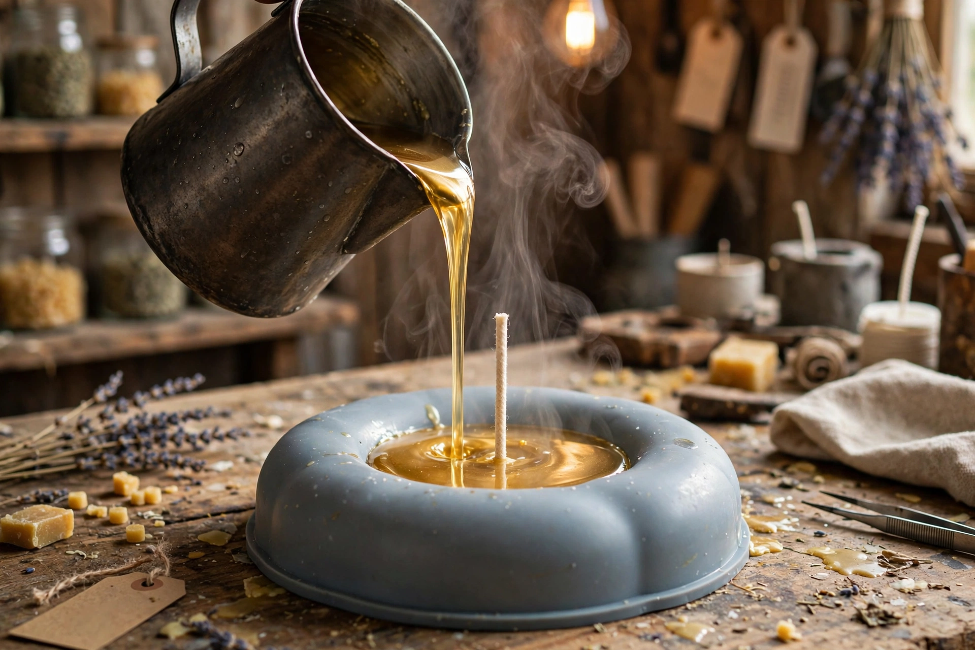 Pouring golden melted wax into a silicone donut mold cavity with a centered wick