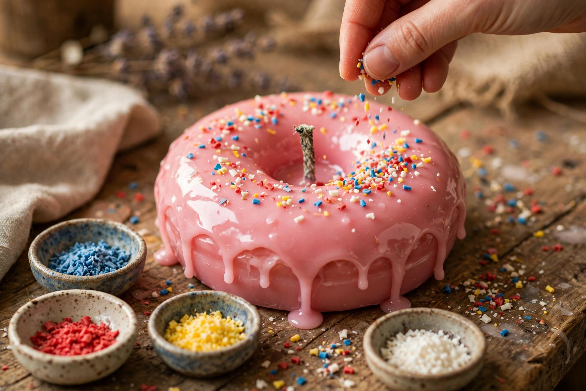 Scattering colorful wax sprinkle shavings over the wet pink glaze of a donut candle