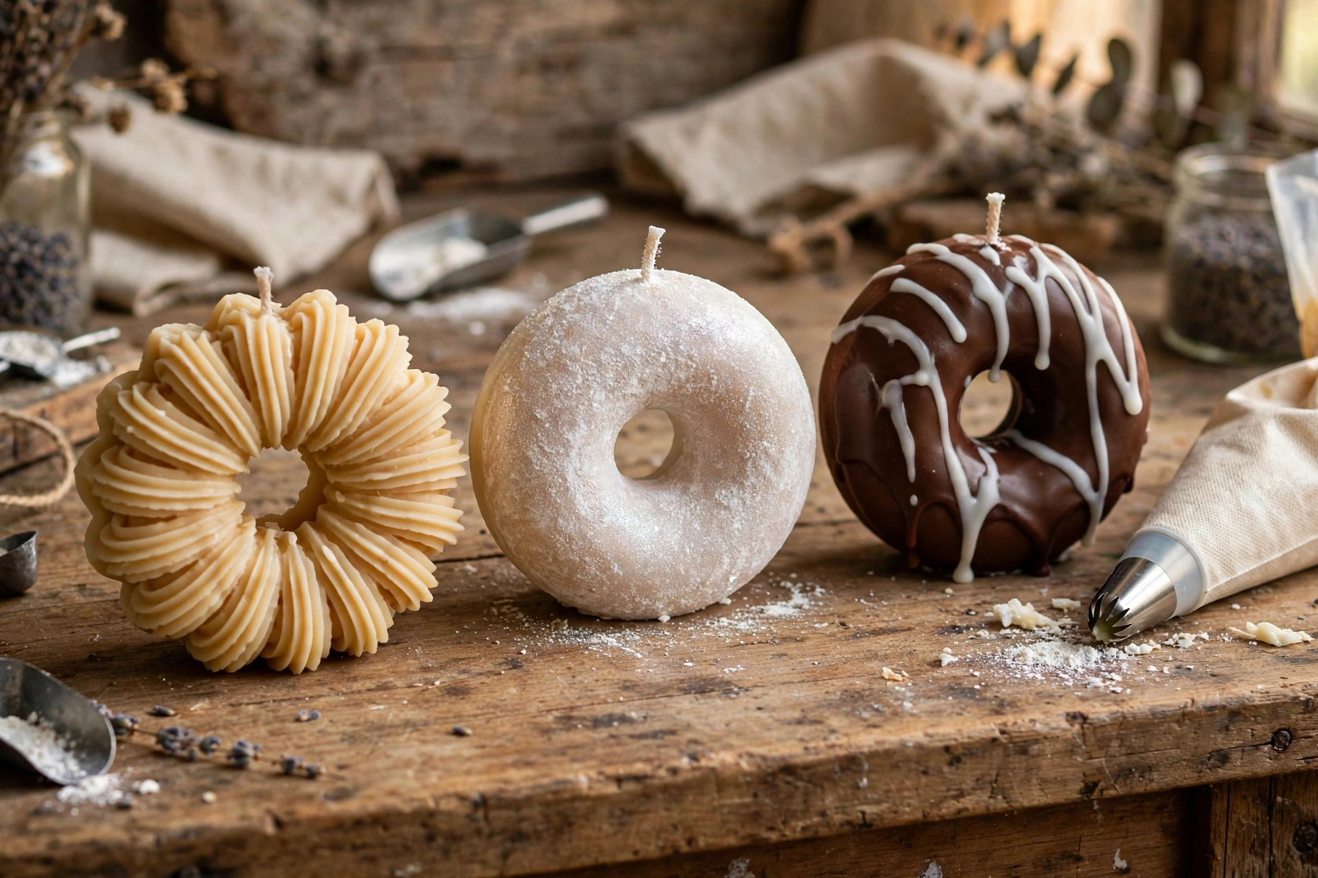 Three donut candle variations: a ridged piped cruller, a mica-powdered donut, and a chocolate glazed donut with cream wax drizzle