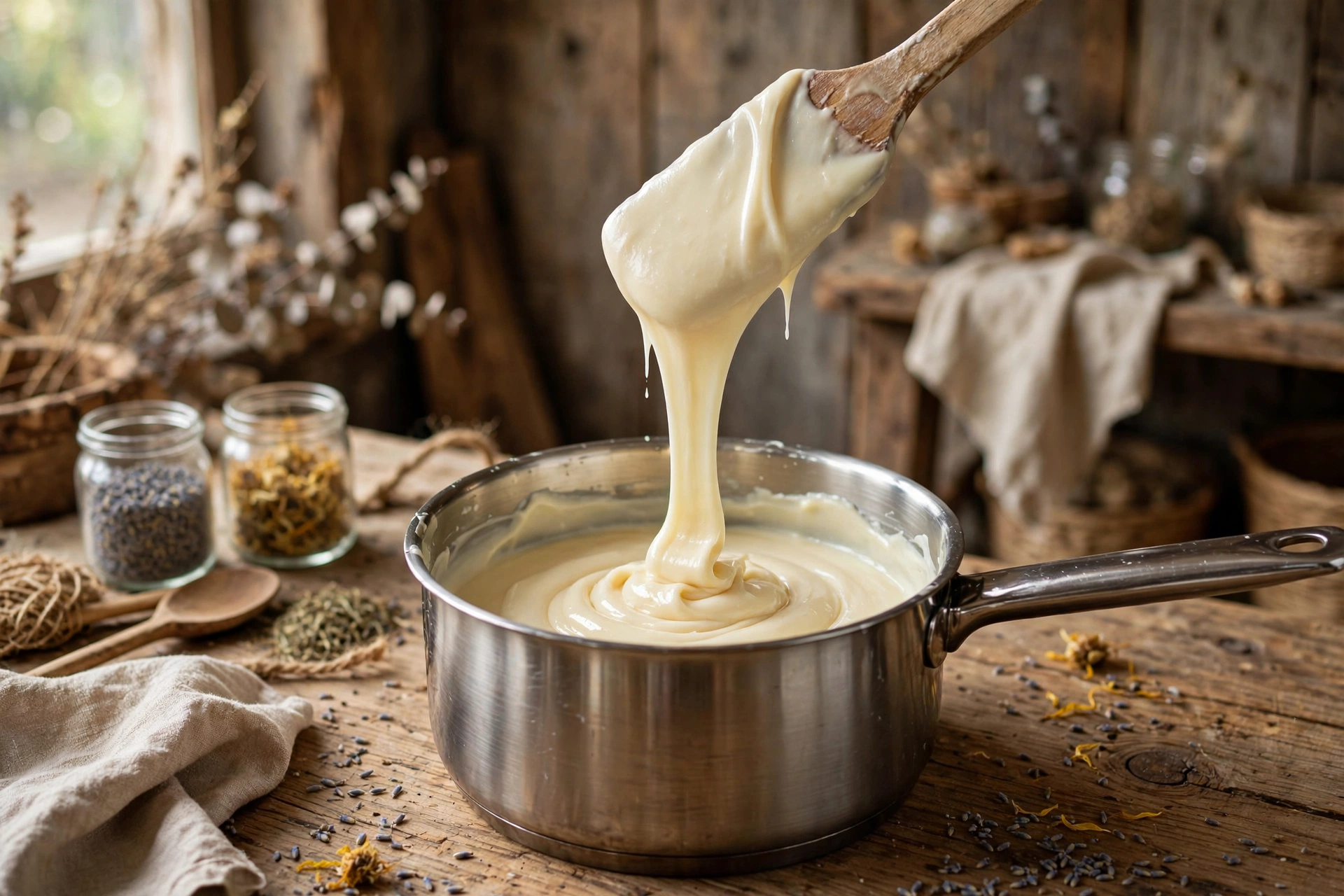 Medium-trace cold process soap batter drizzling from a spatula in a steel pot