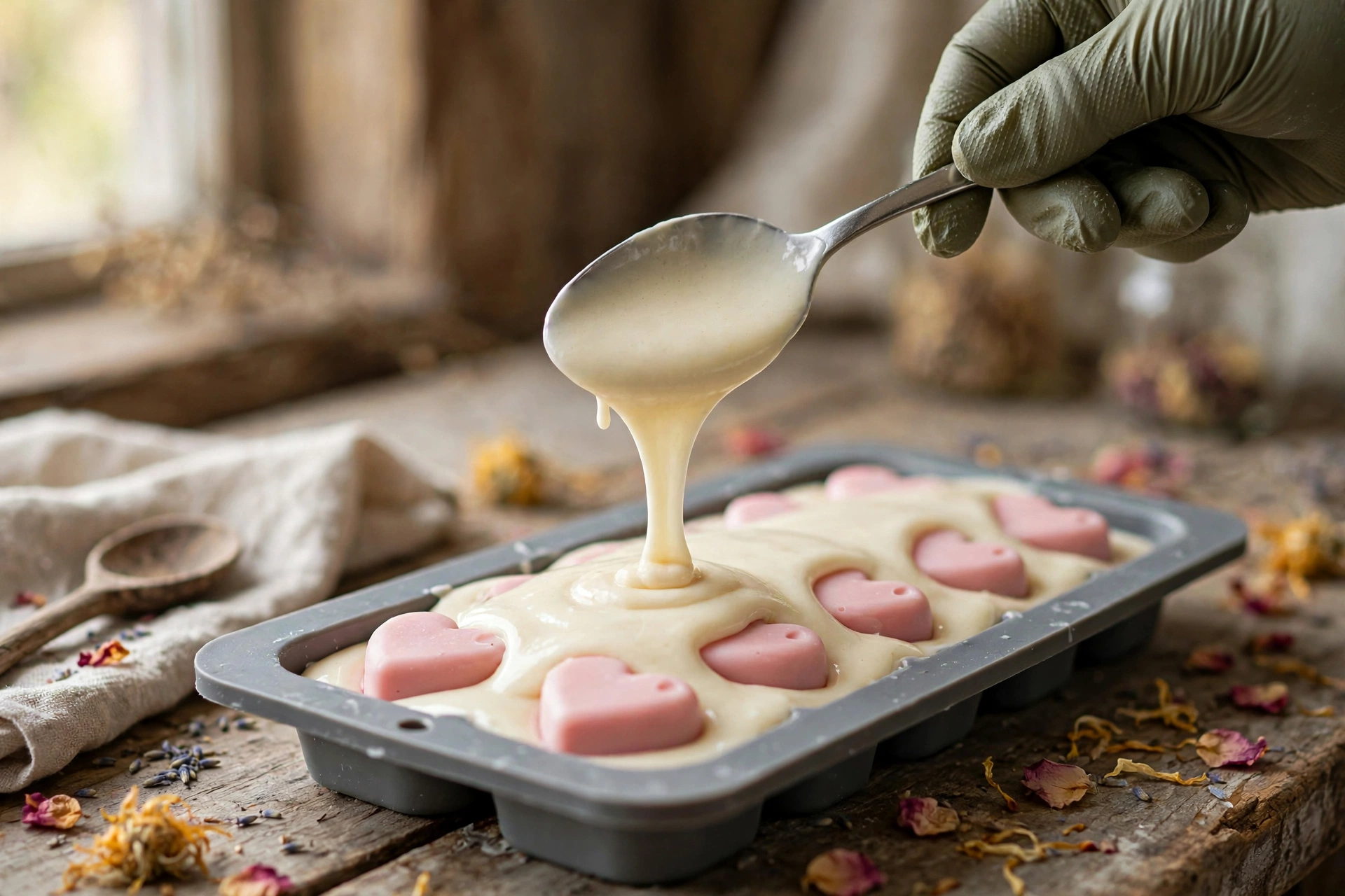 Pouring cold process batter gently over embedded soap shapes in a mold