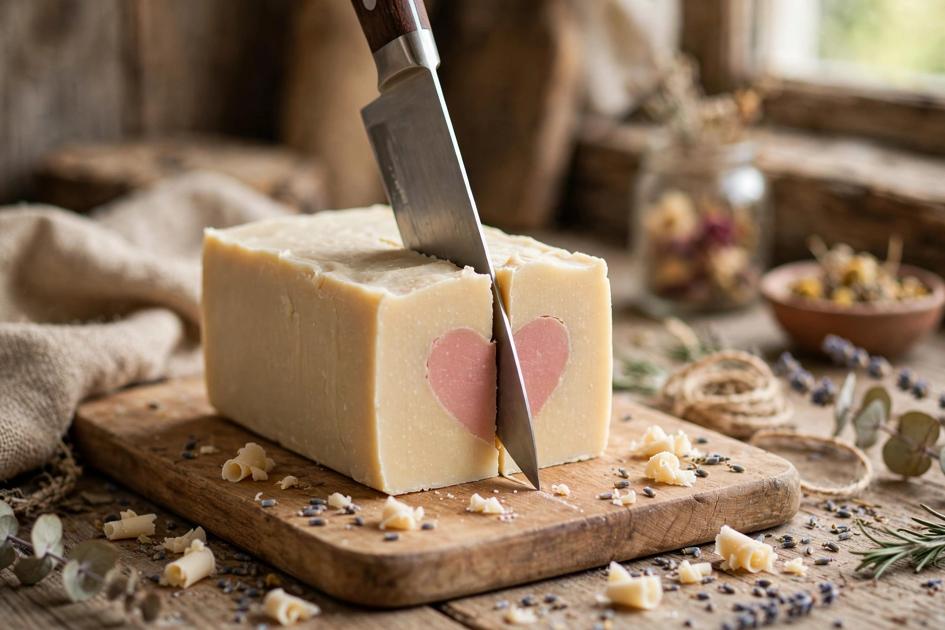 Slicing a soap loaf to reveal a hidden heart embed in each bar