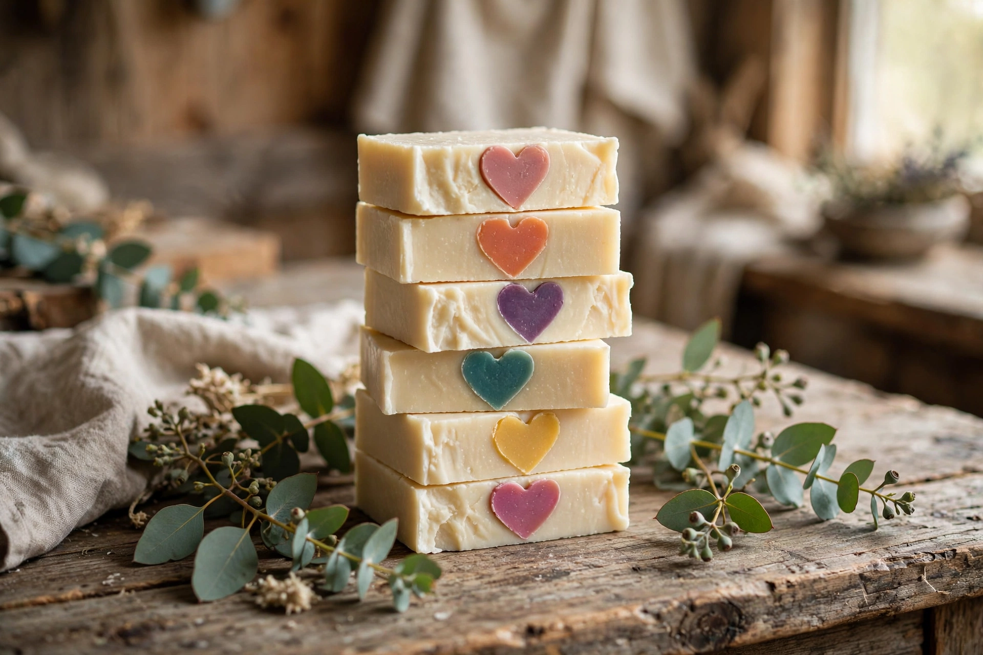 Finished soap bars with visible heart embeds stacked on a rustic table