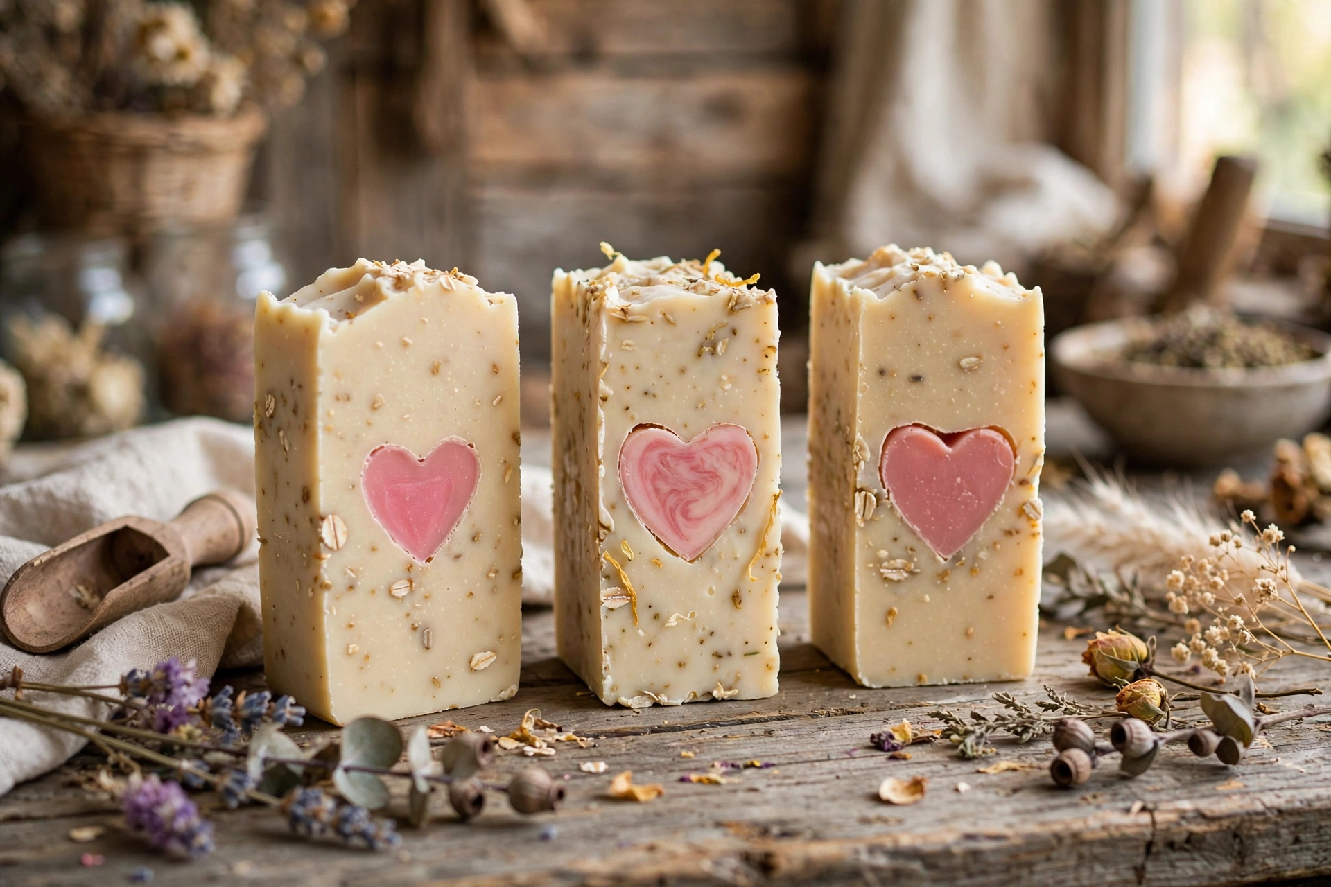 Cut cold process soap bars revealing colorful heart and star melt-and-pour embeds inside