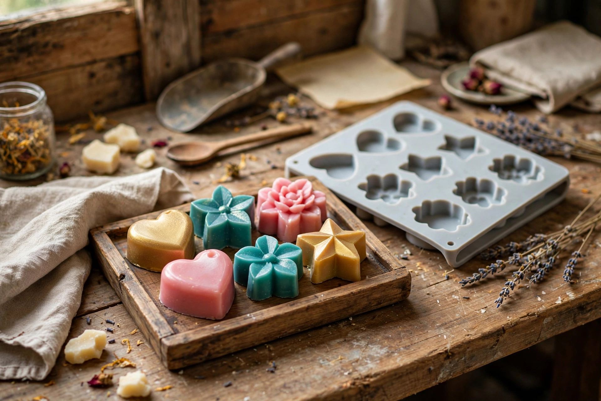Colorful melt-and-pour soap hearts and stars unmolded on a wooden tray