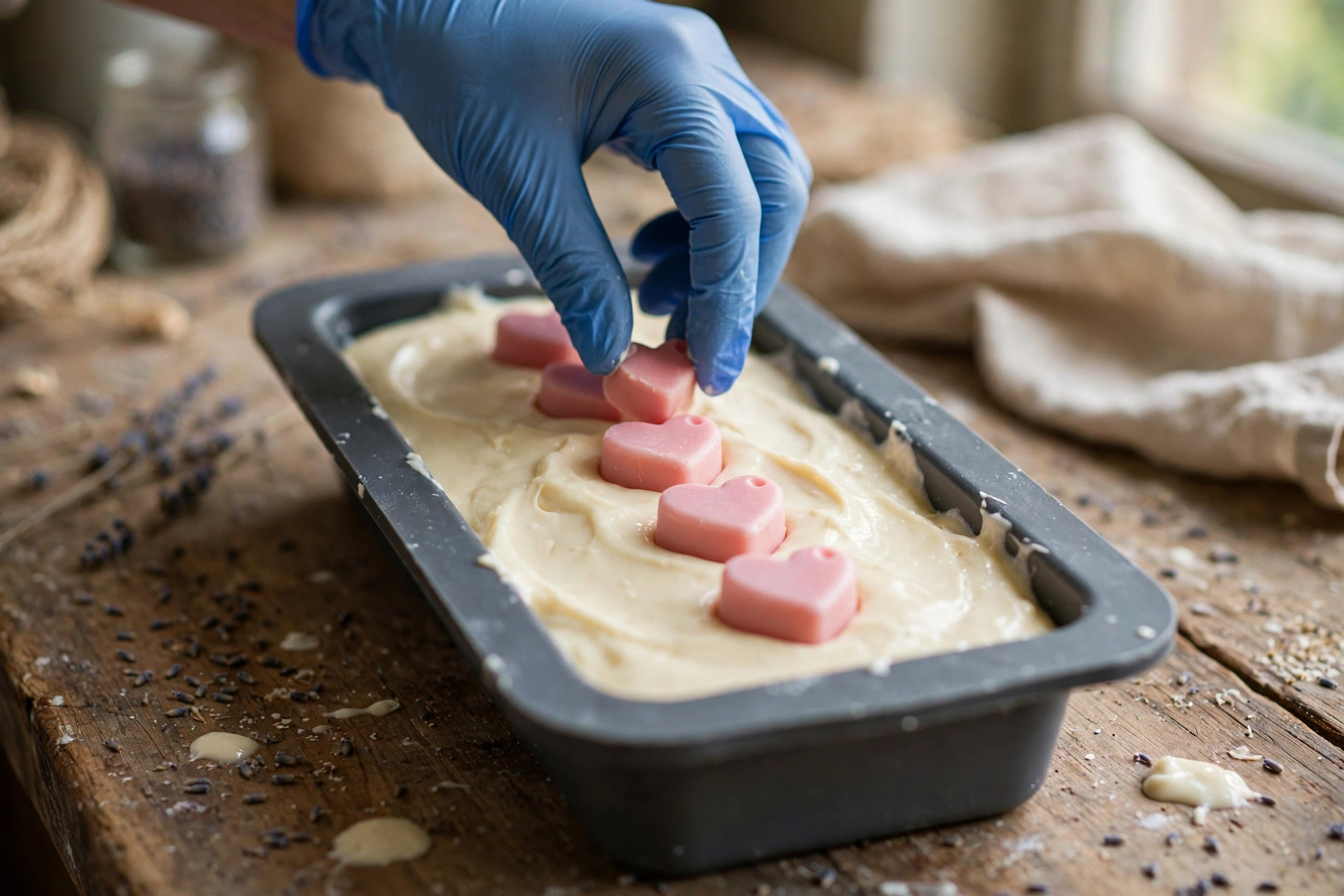 Placing melt-and-pour soap hearts in a row into cold process batter in a loaf mold
