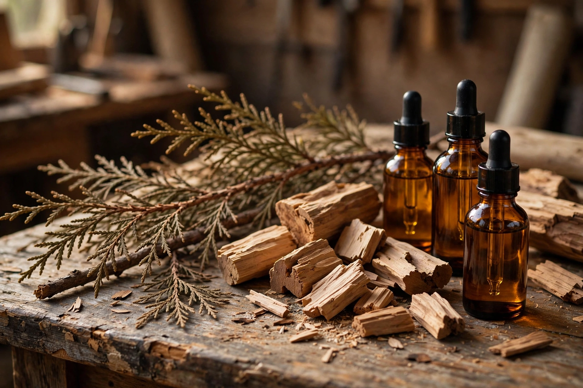 Cedarwood branches and sandalwood pieces beside amber essential oil bottles on a wooden table