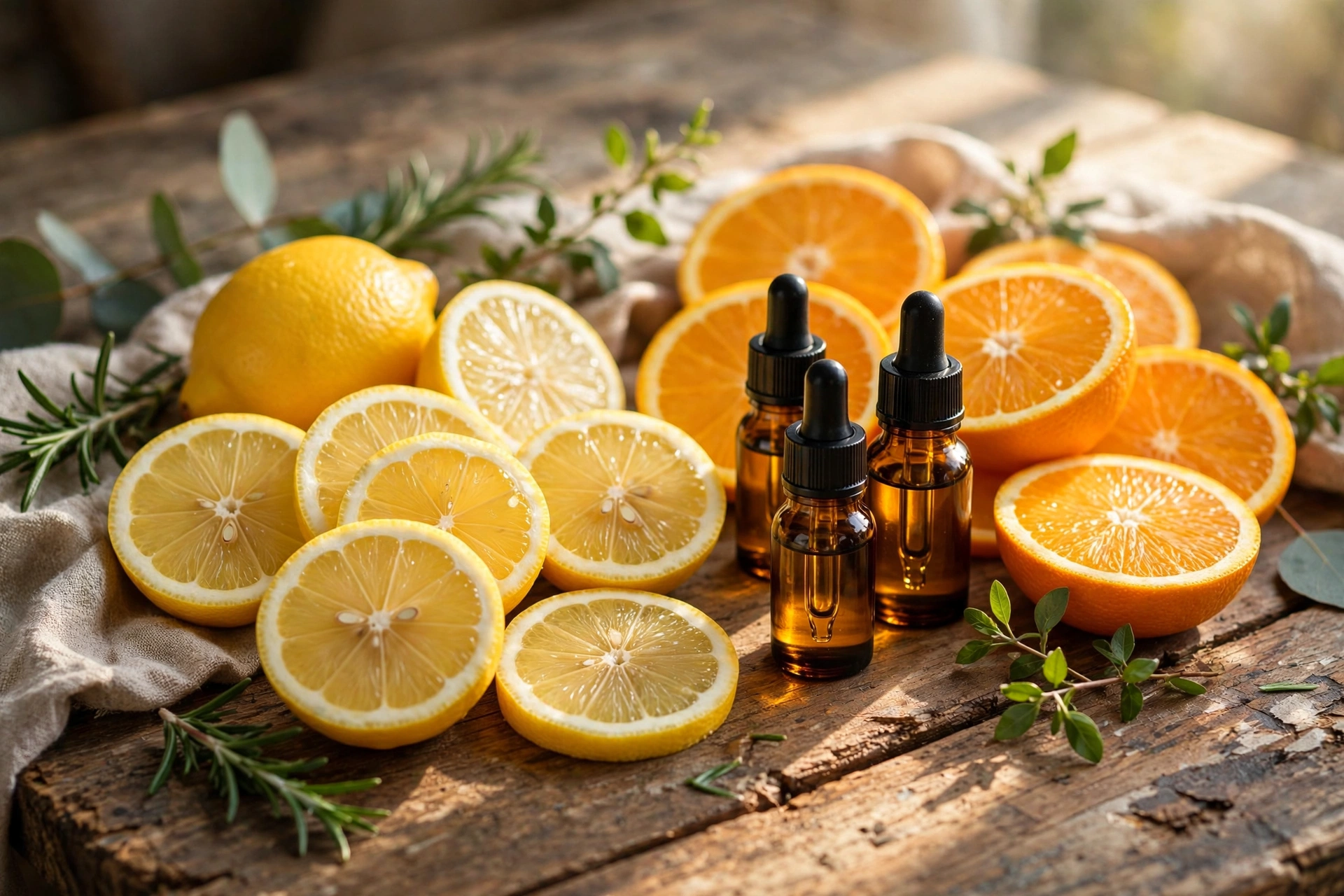 Sliced lemons and oranges beside small amber essential oil bottles on a rustic table