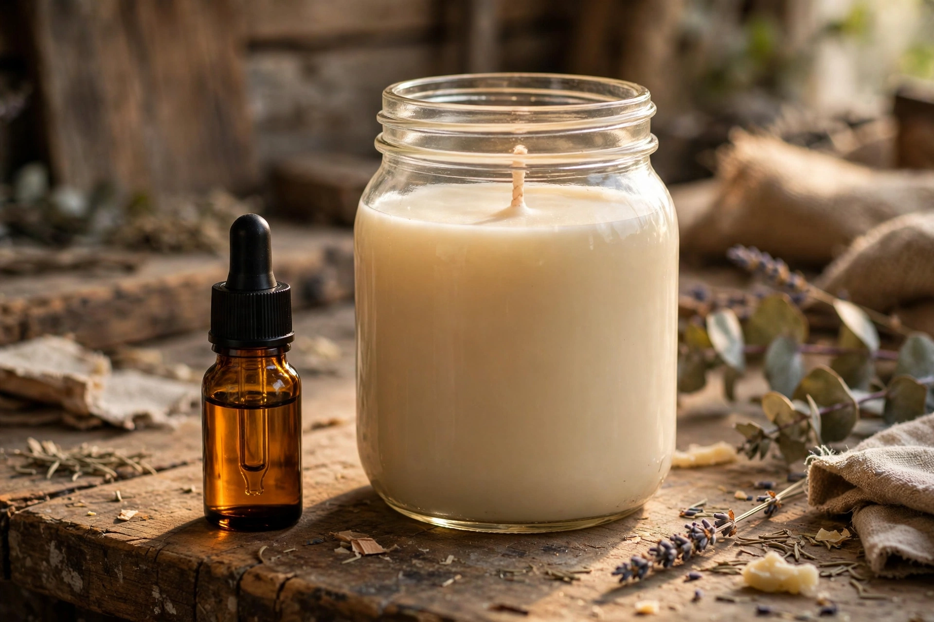 A small amber essential oil bottle beside a large finished jar candle on a workbench