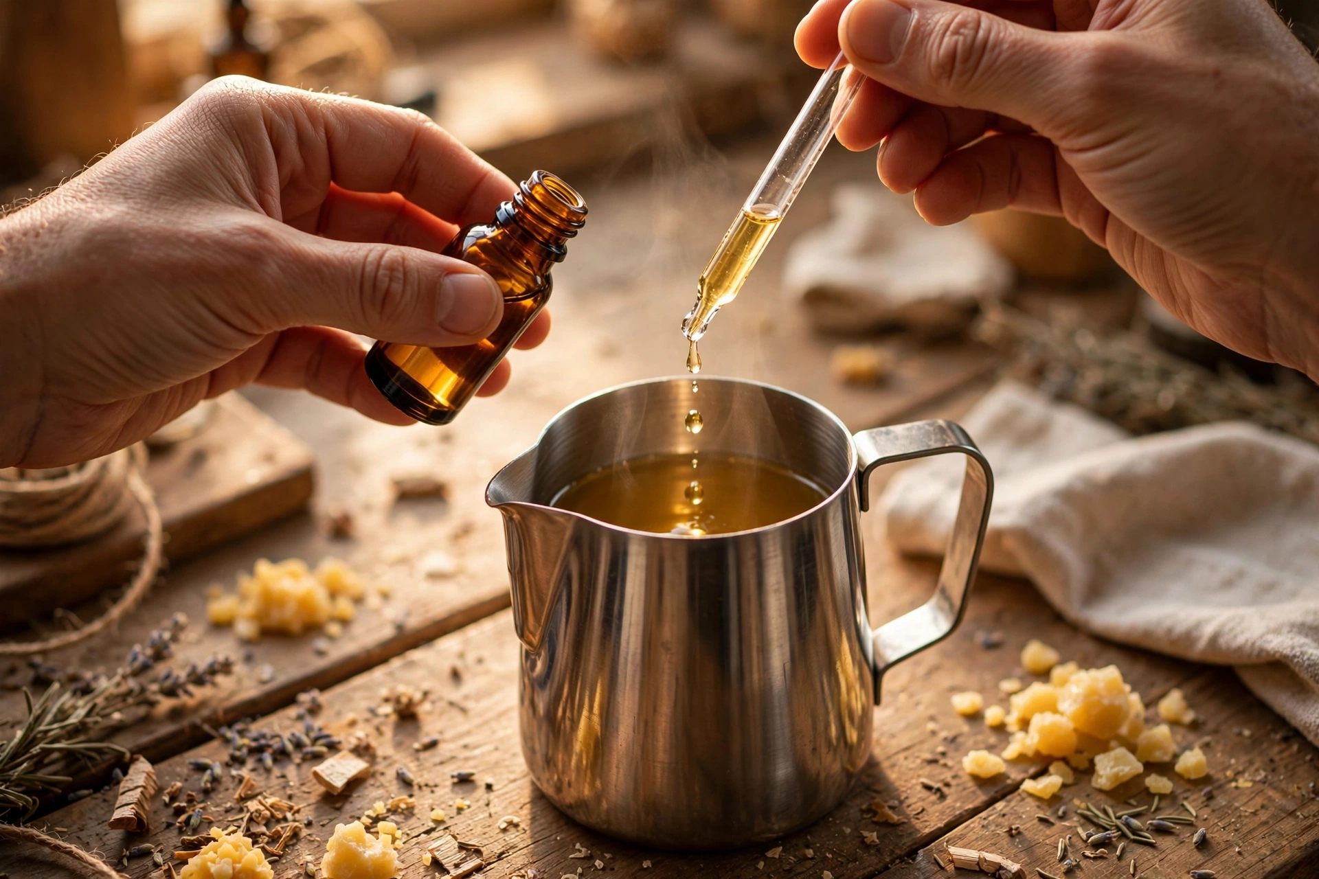 Hands using a dropper to add essential oil to melted wax in a pouring pitcher