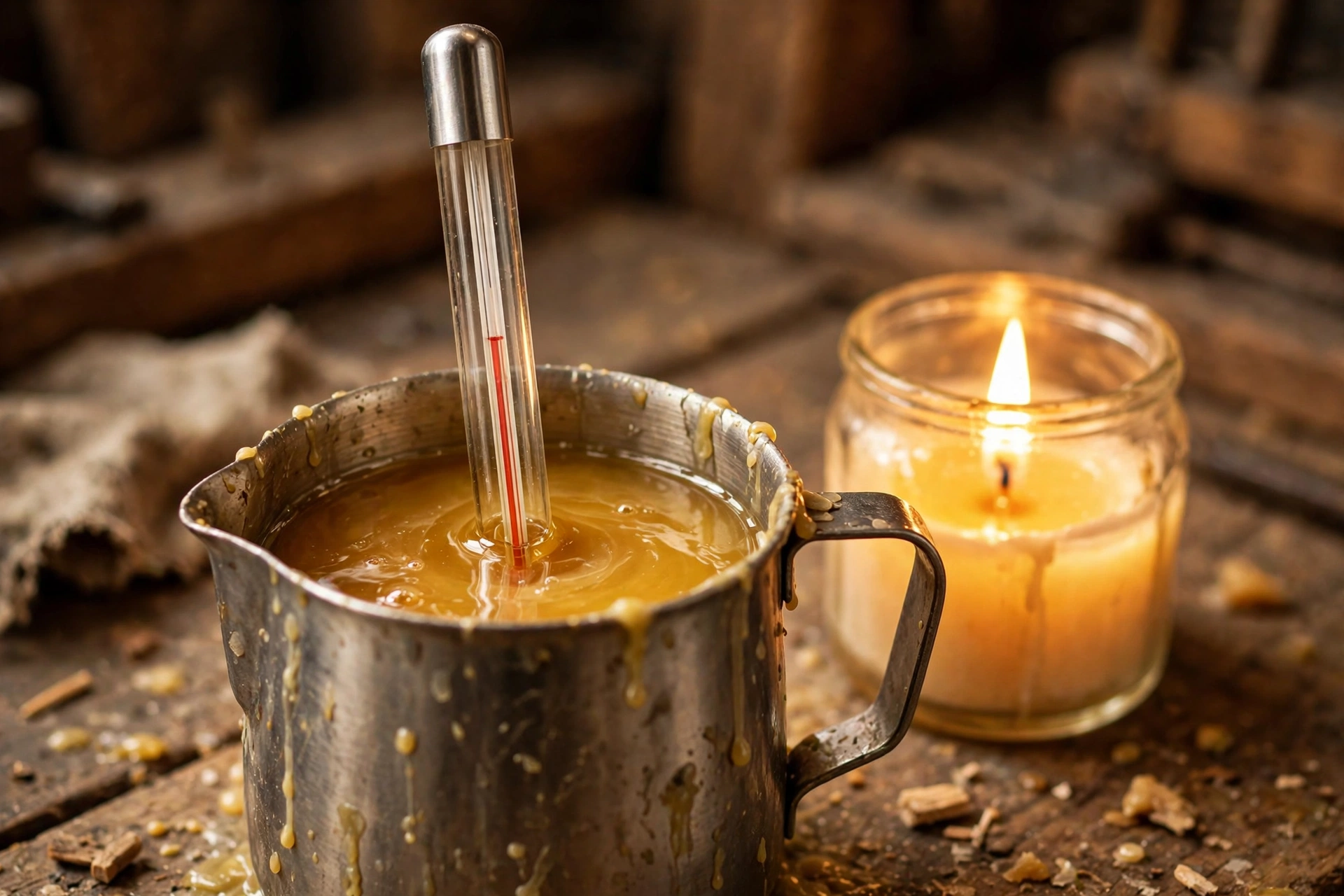 Thermometer in a pitcher of melted wax with a lit candle nearby in a warm workshop
