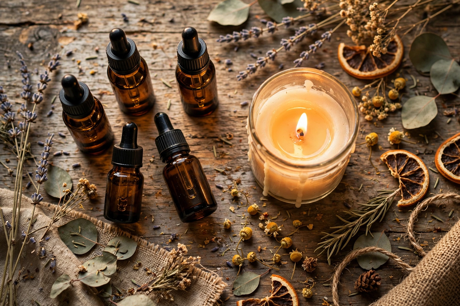 Amber essential oil bottles beside a lit candle on a rustic wooden workbench