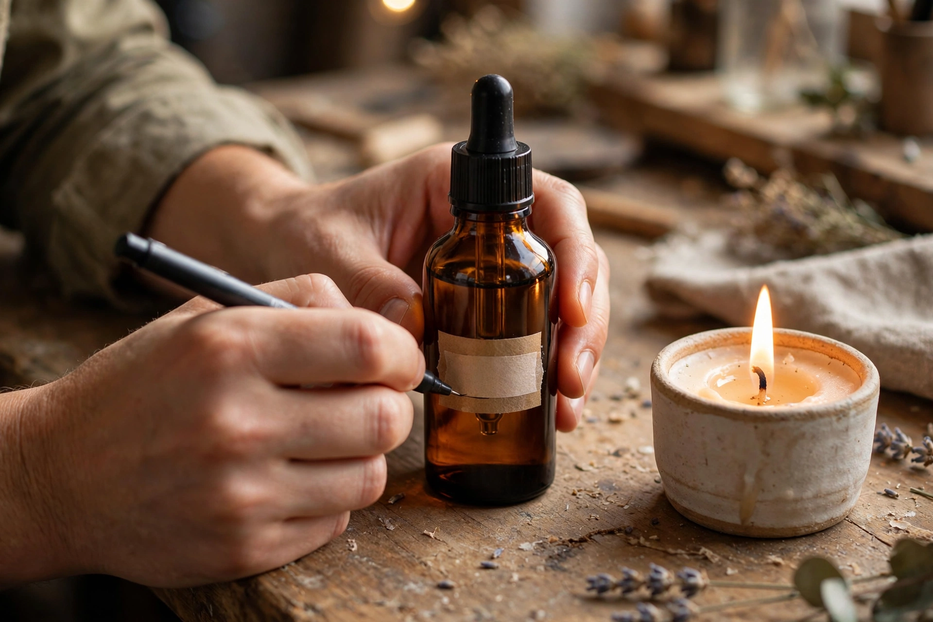Hands writing a warning label on an amber essential oil bottle beside a lit candle