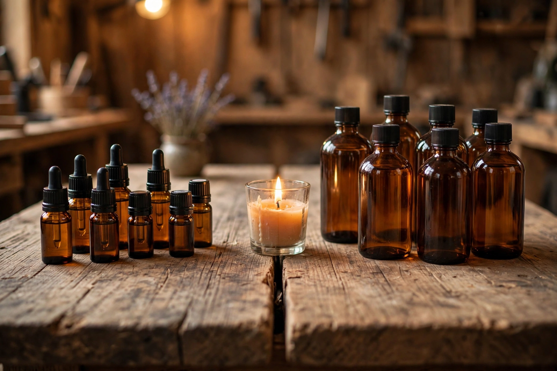 Essential oil bottles on one side and fragrance oil bottles on the other, arranged on a rustic table