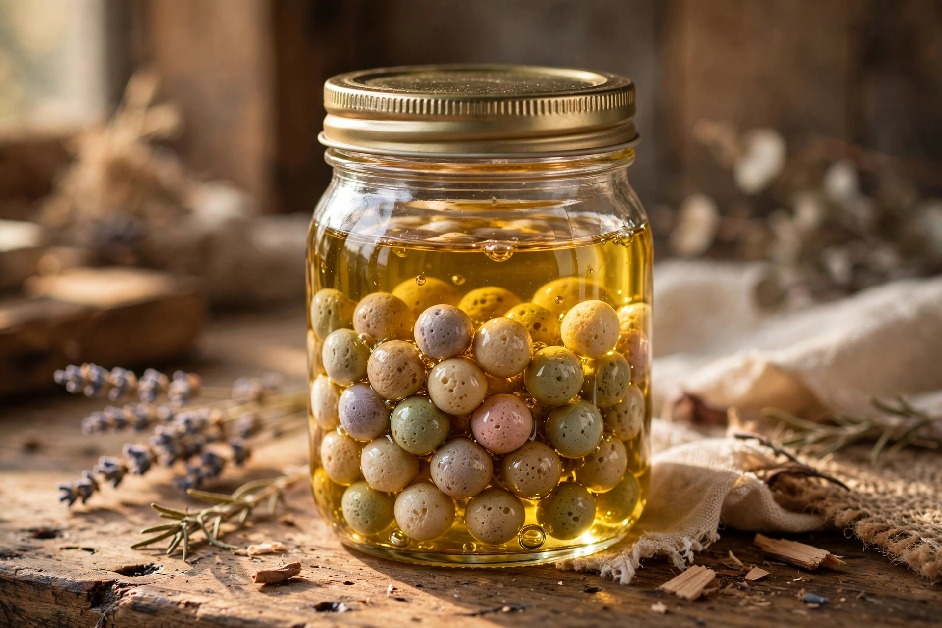 Aroma beads soaking in fragrance oil in a sealed glass jar