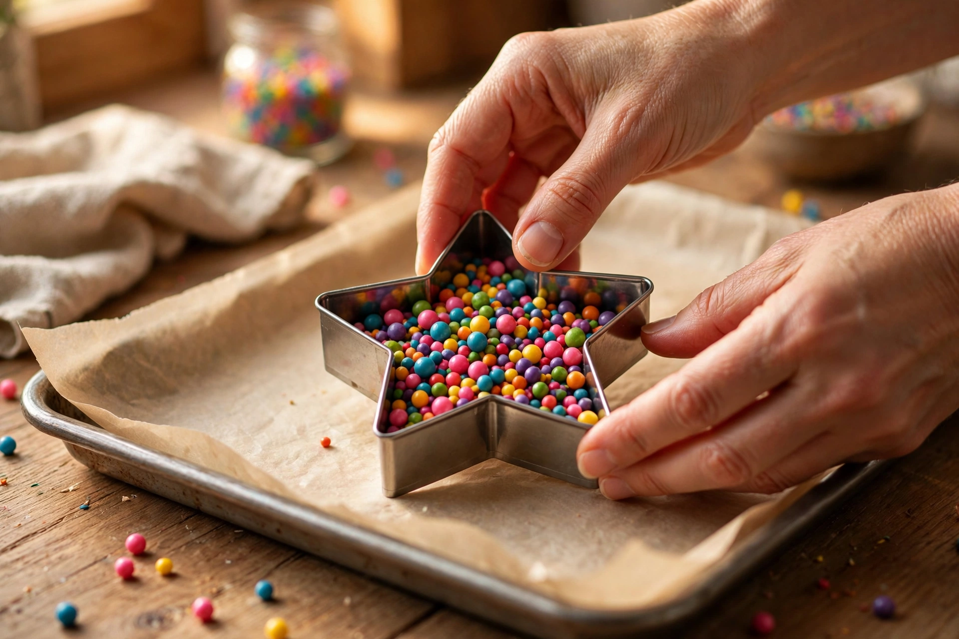 Hands placing a metal cookie cutter filled with aroma beads onto a baking sheet