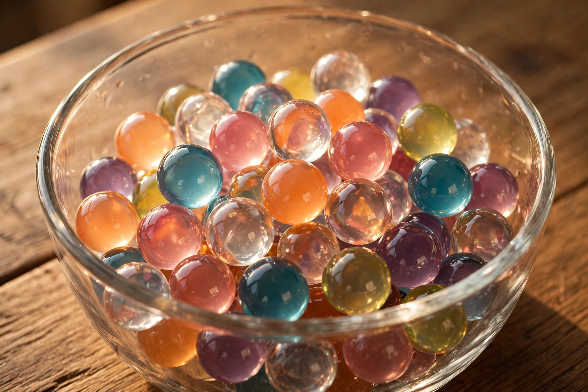 Close-up of translucent aroma beads in a glass bowl