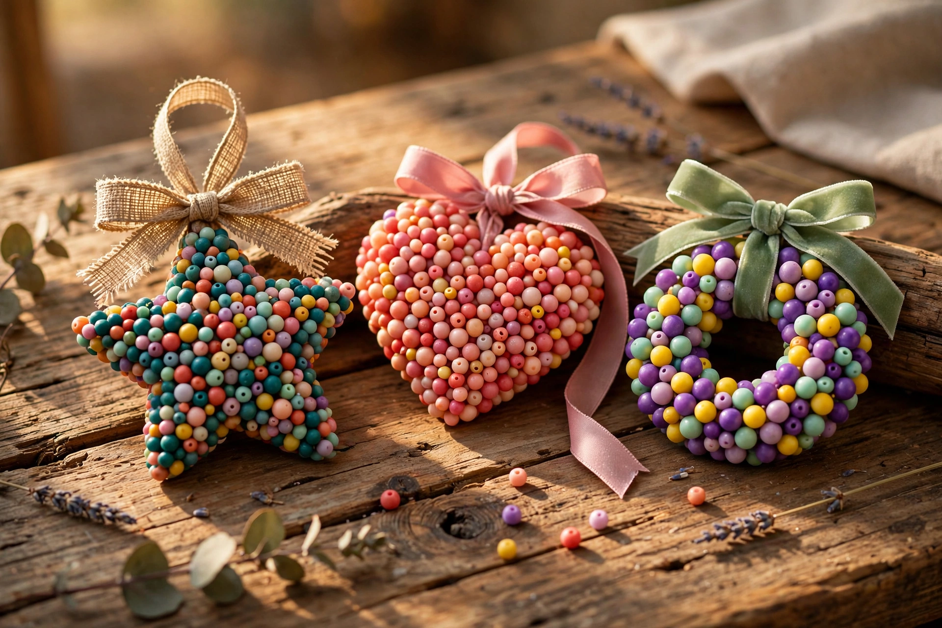 Colorful shaped aroma bead freshies in star, heart, and circle shapes with ribbons on a rustic table