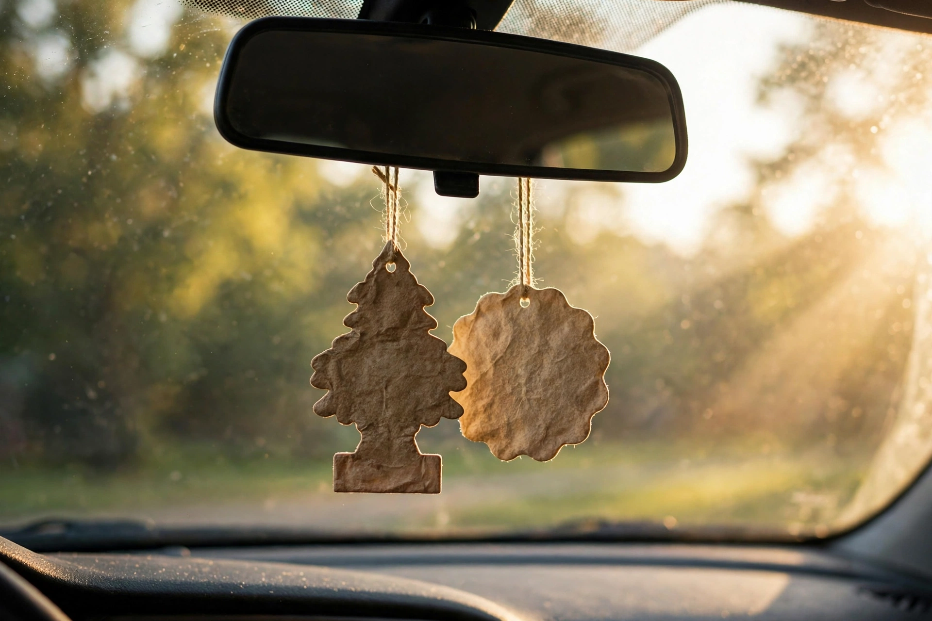Finished freshies hanging from a car rearview mirror in warm sunlight