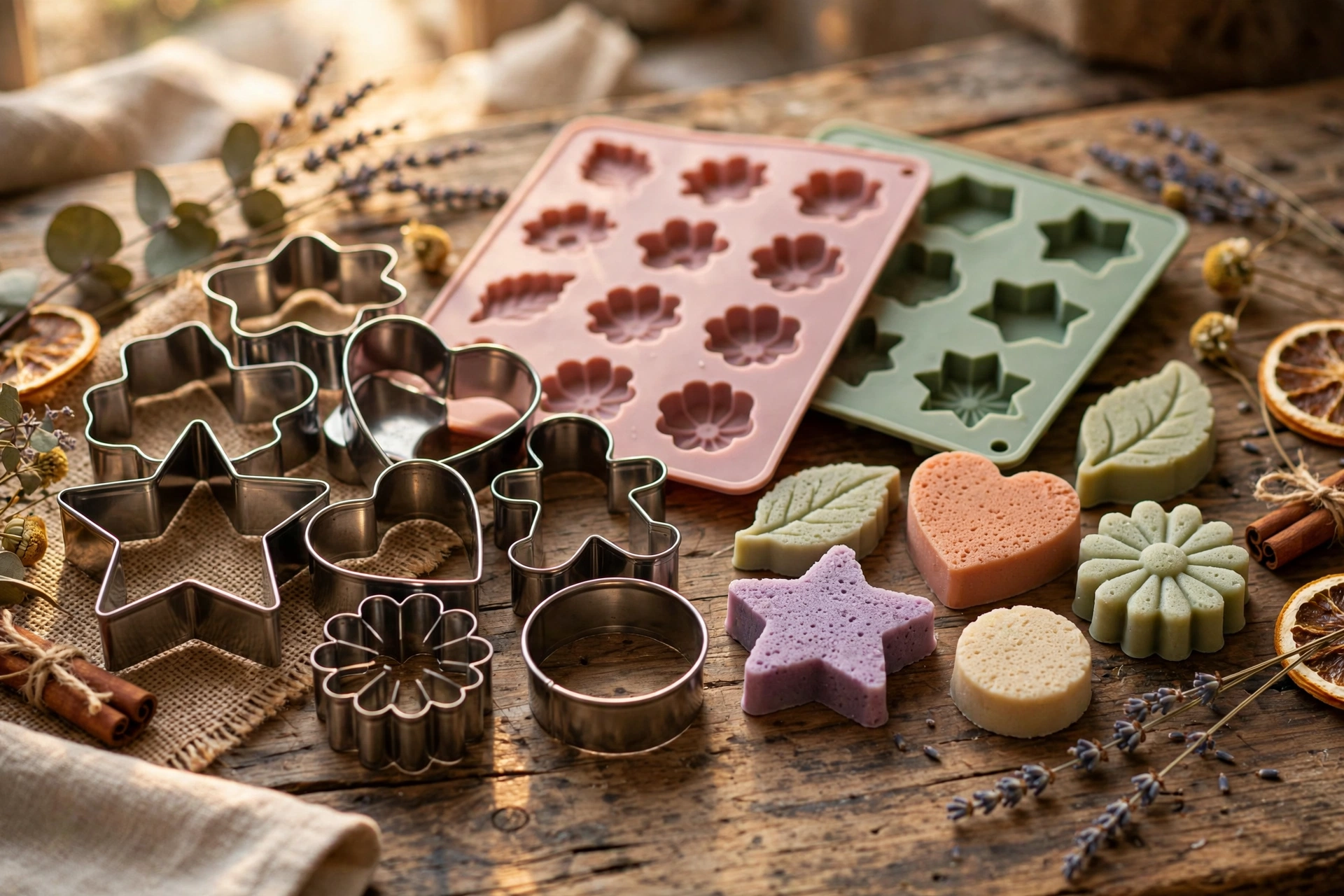 Cookie cutters and silicone molds beside finished shaped freshies on a table