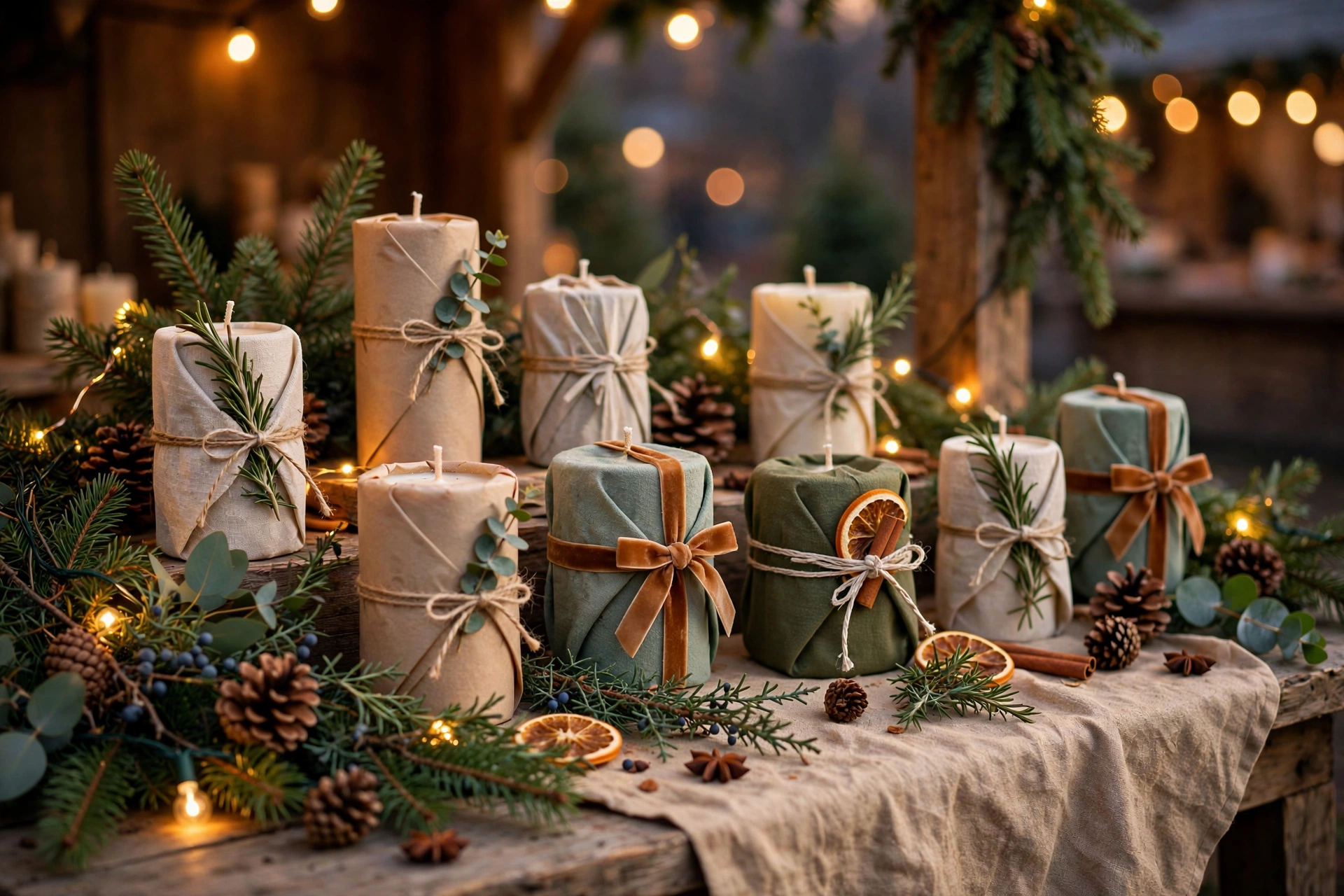 Holiday market table display of wrapped candle gifts with greenery