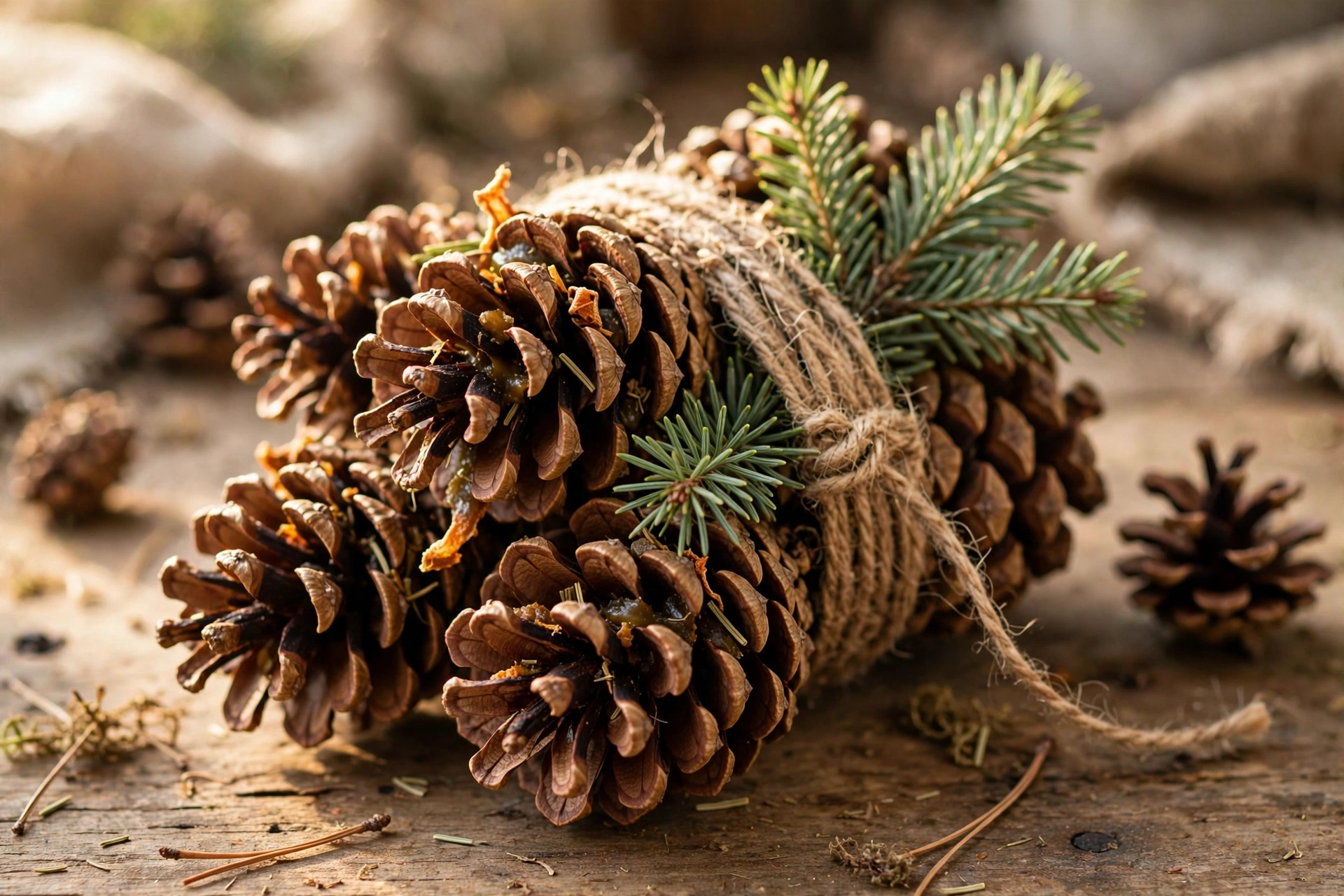 Bundle of pinecone fire starters tied with twine and a sprig of evergreen