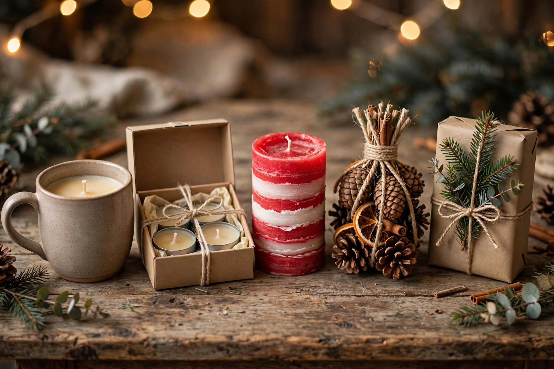 Five finished holiday candle gifts arranged on a rustic table: mug candle, gift set, layered candle, fire starter bundle, and wrapped package