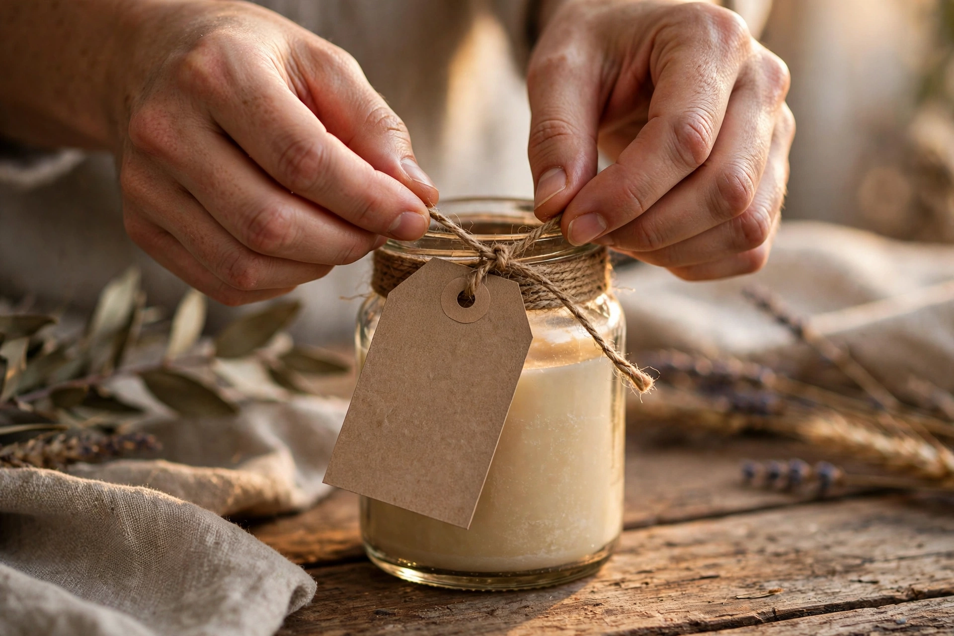 Hands tying a blank kraft gift tag onto a candle jar with twine