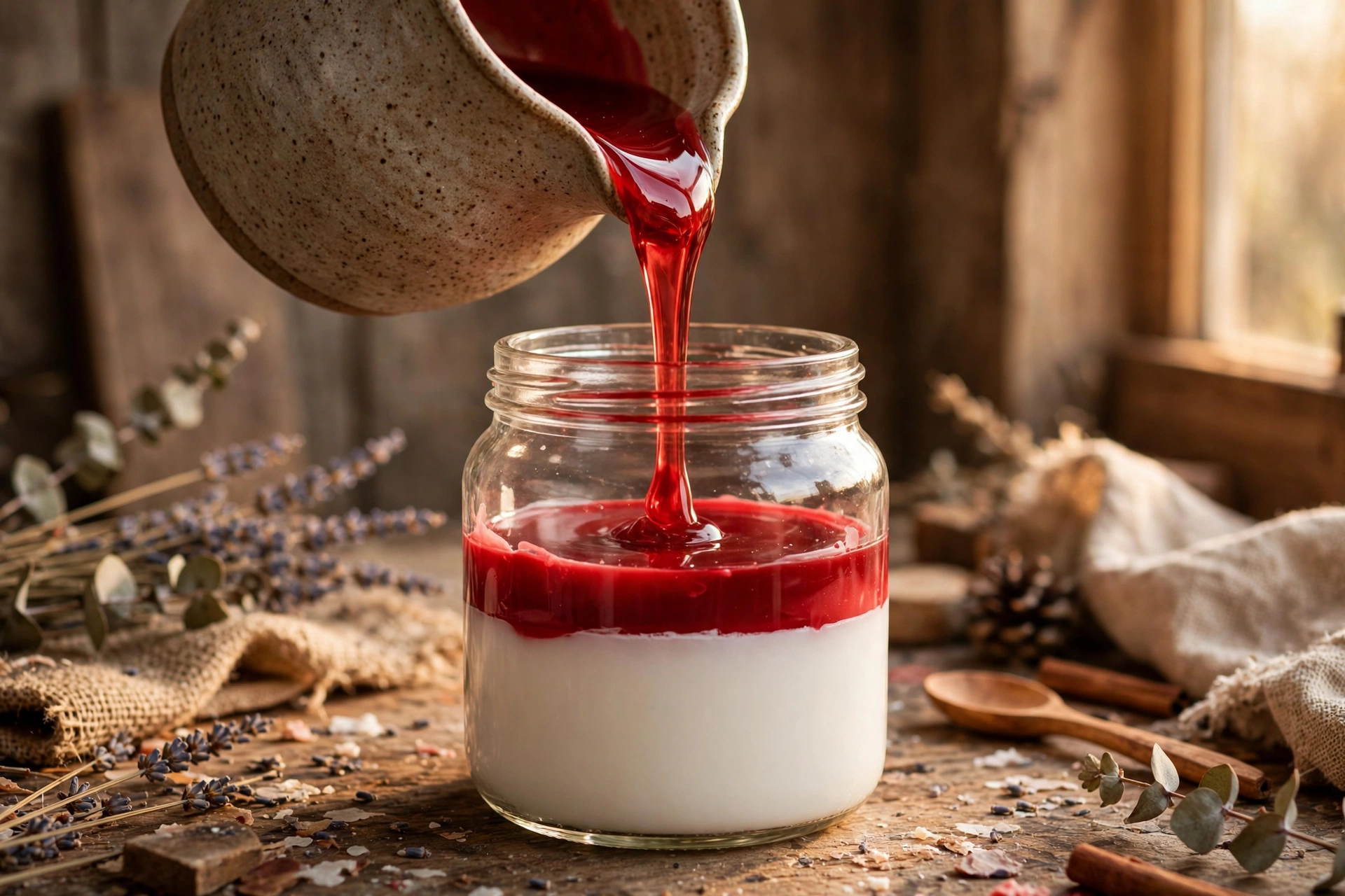 Pouring a second layer of red wax over a set white layer in a glass jar