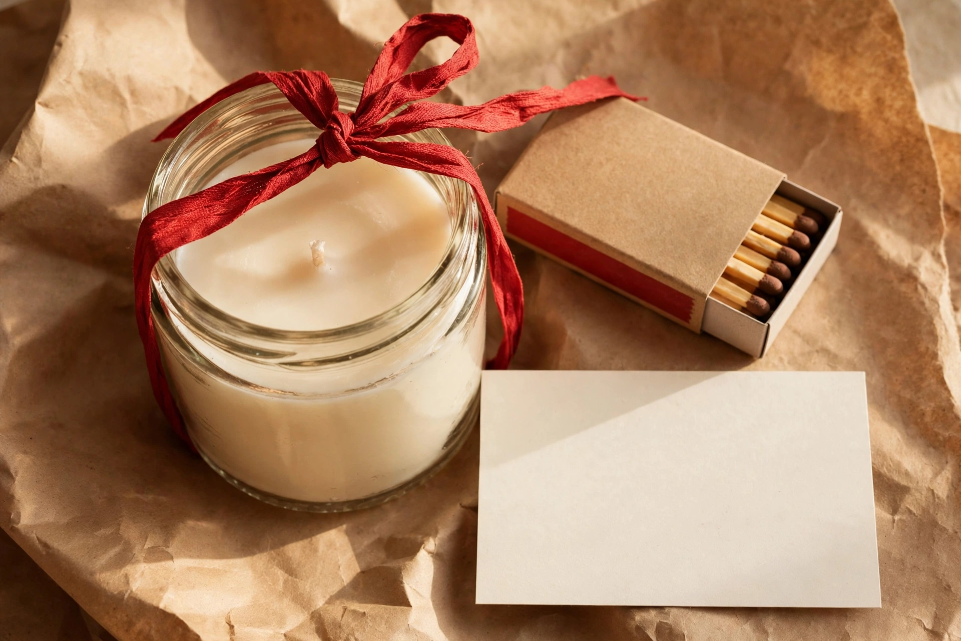 Candle gift set with a jar candle, box of matches, and a care card tied with ribbon