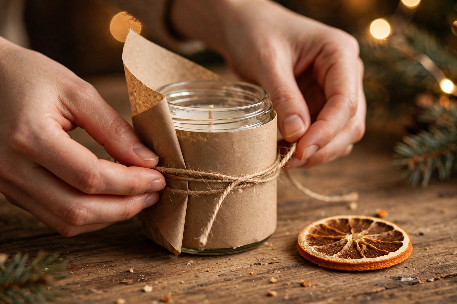 Hands wrapping a candle in kraft paper with twine and a dried orange slice