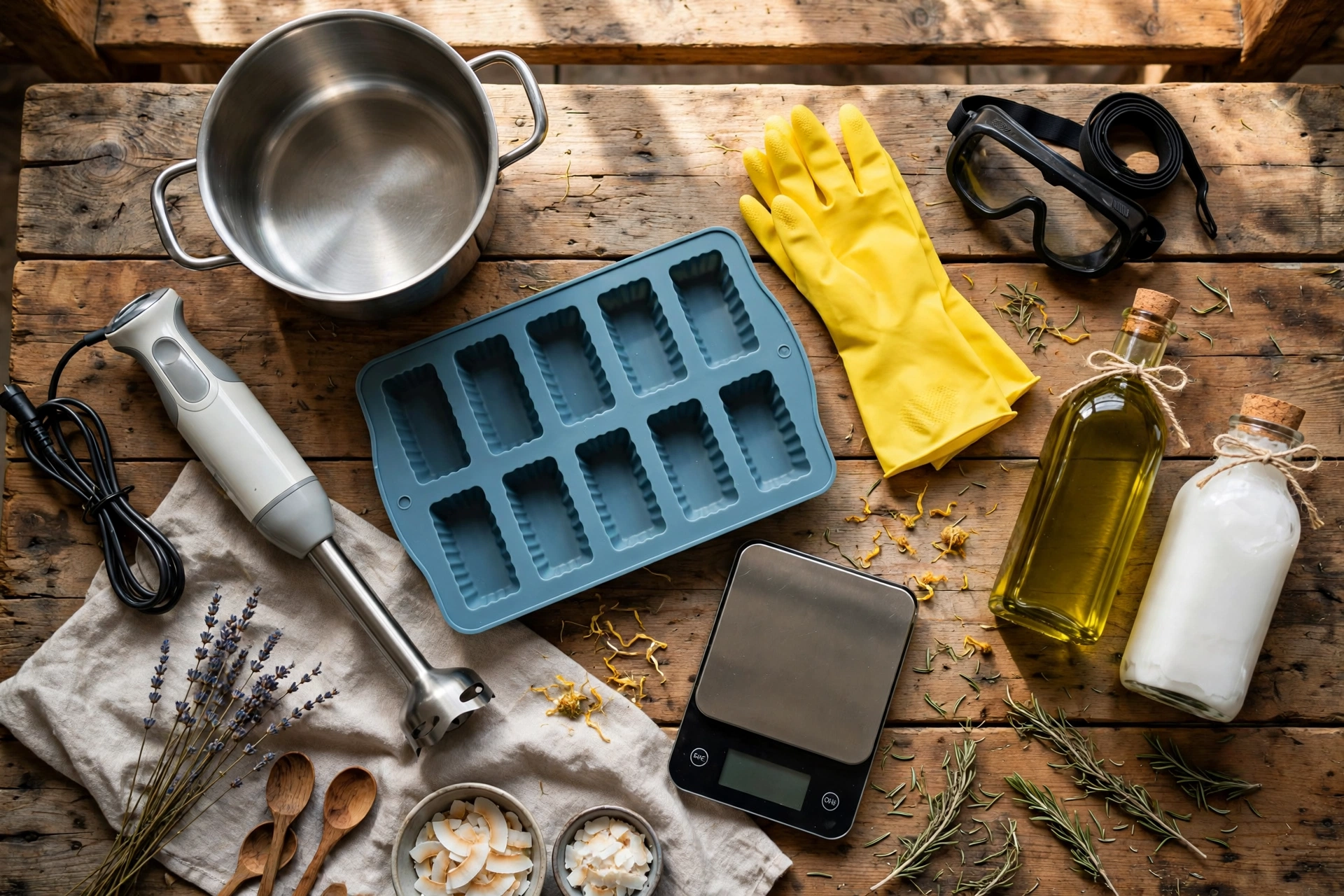 Soap making equipment on a rustic workbench: stainless steel pot, stick blender, silicone loaf mold, safety goggles and gloves, oil bottles, and a digital scale