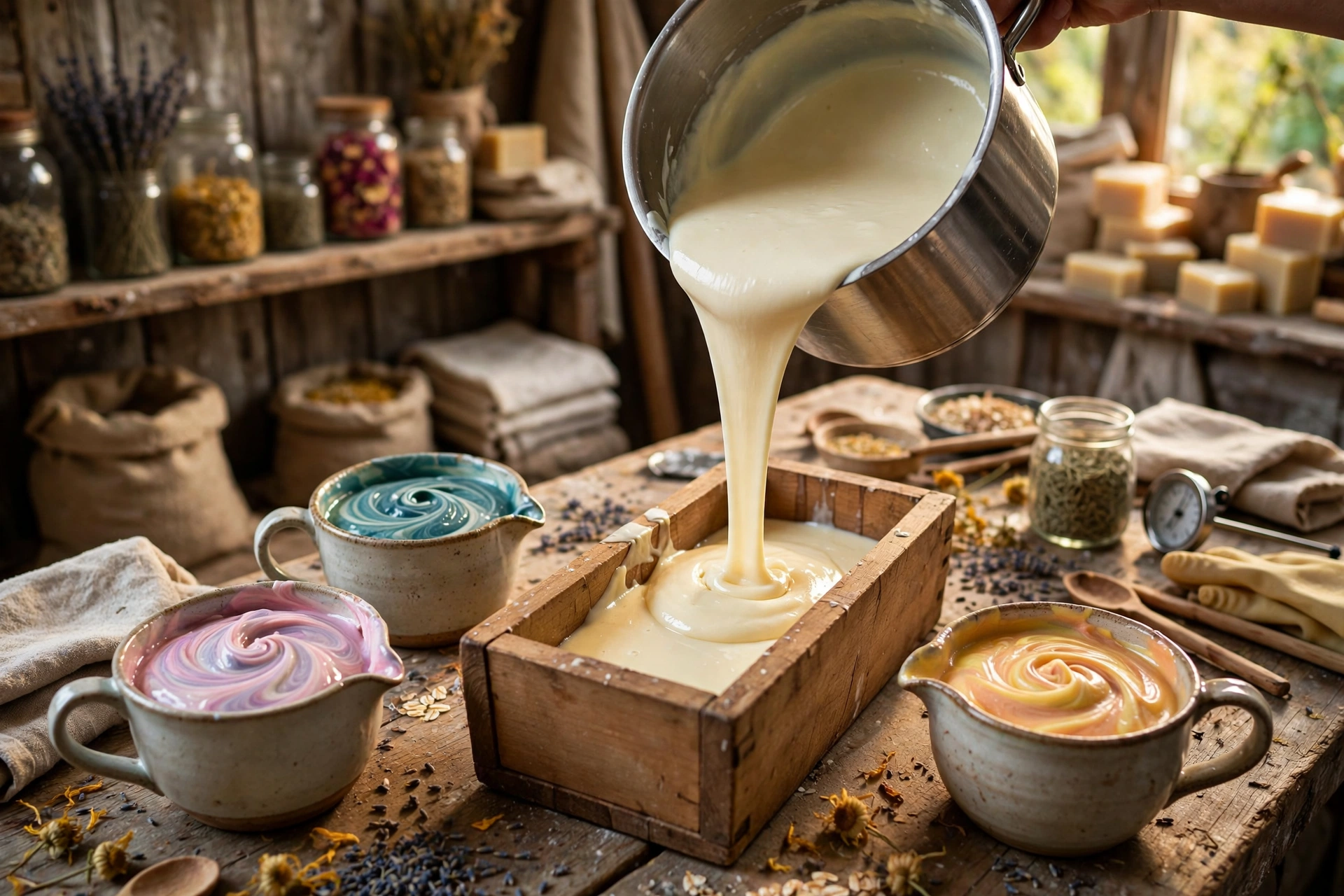 Pouring creamy cold process soap batter into a wooden loaf mold with swirled batter pitchers nearby