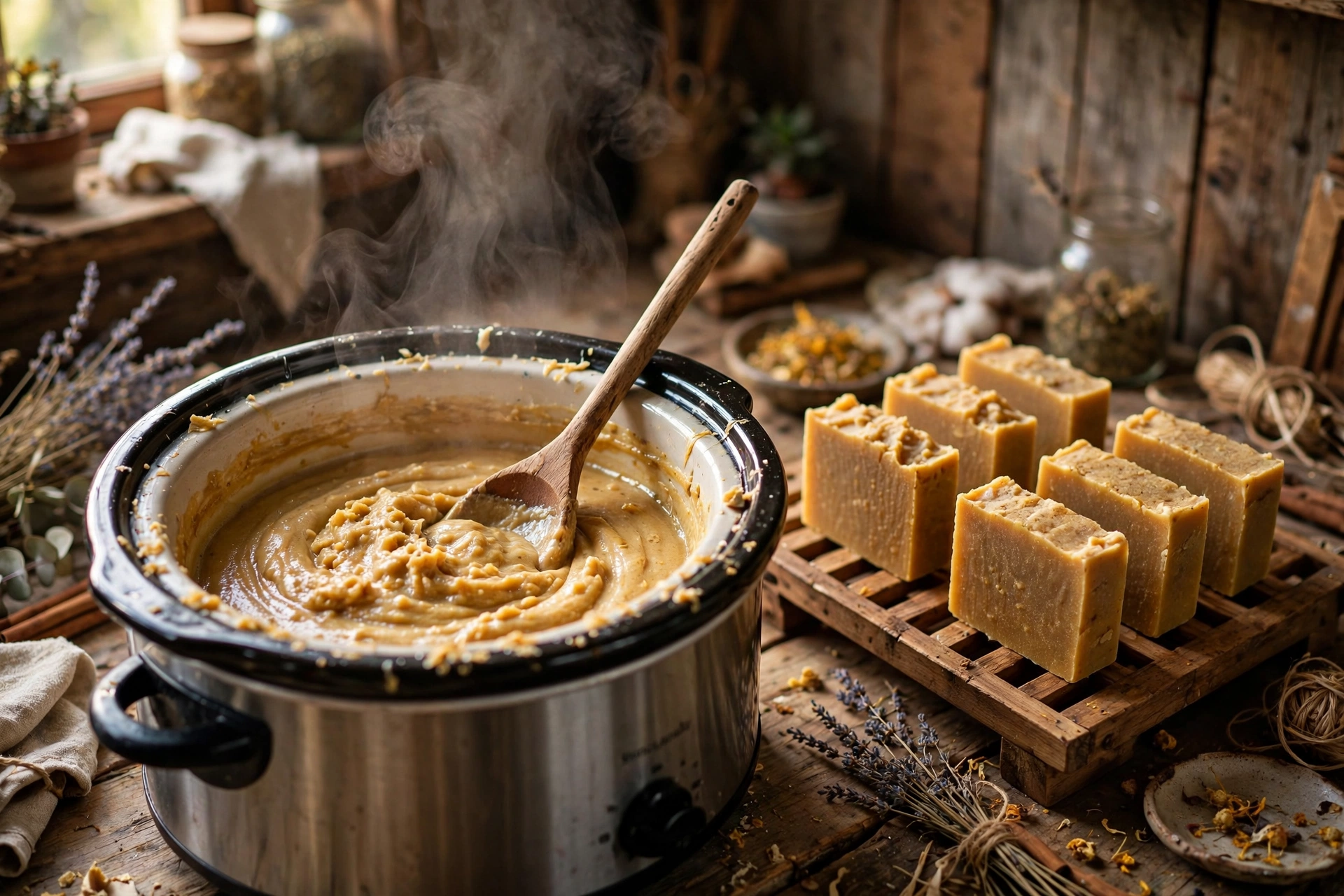 Slow cooker of golden hot process soap with a wooden spoon, handmade bars cooling on a rack nearby