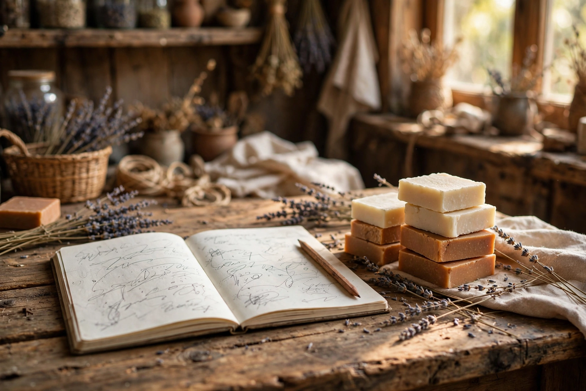 Open notebook of soap making notes beside handmade soap bars, a pencil, and dried lavender on a wooden desk