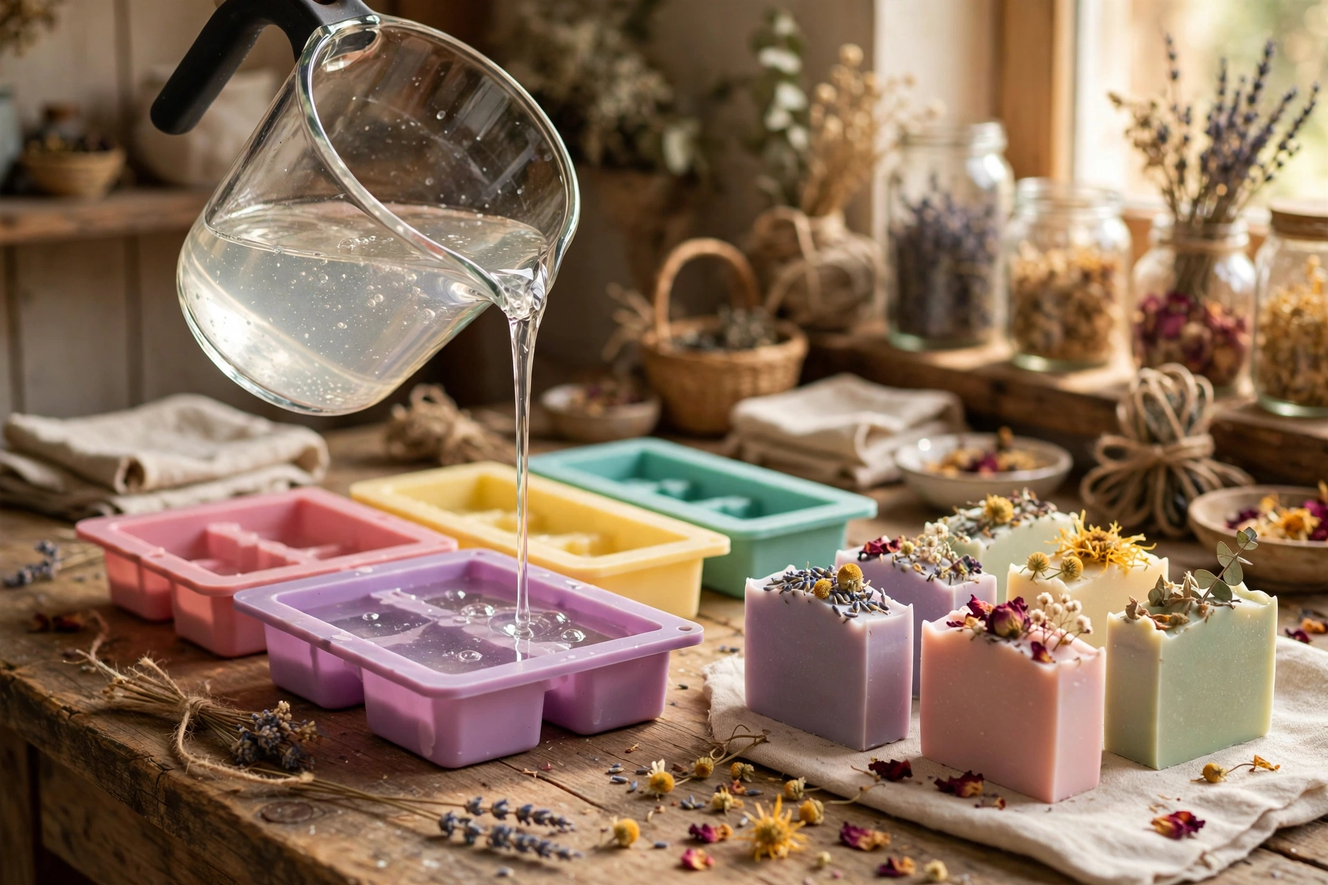 Pouring clear melt and pour soap base into silicone molds beside finished pastel soap bars with dried flowers